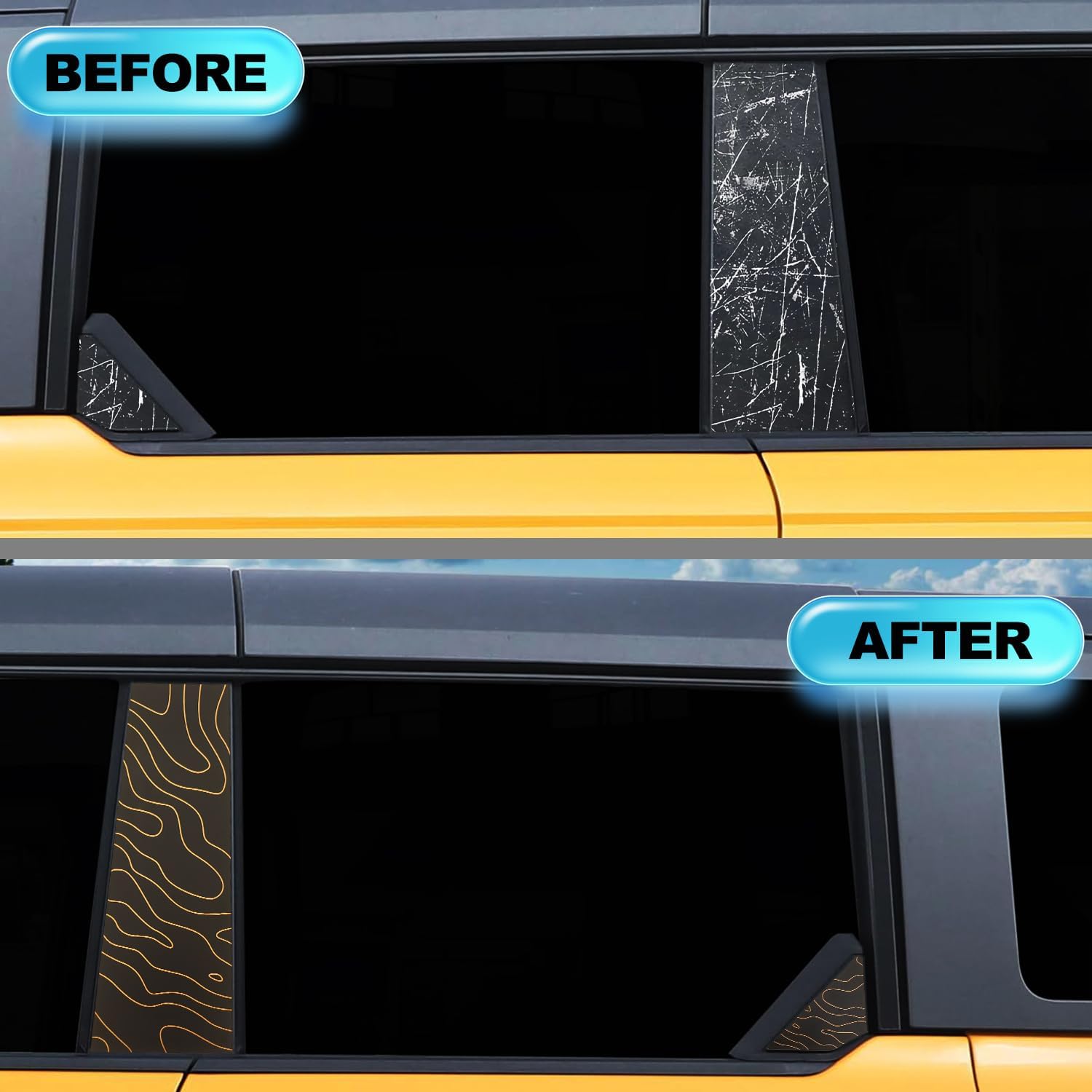 4Pcs B Pillar Trim Cover Center Window Rear Window Triangle Cover Trim Compatible with Ford Bronco 4 Door 2021-2025 Anti-Scratch Molding Covers Stickers Exterior Decoration (Yellow)