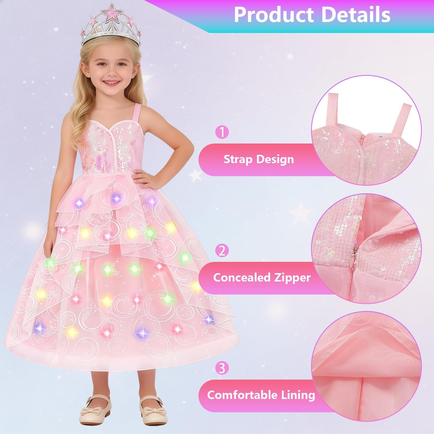 Girls Good Witch Costume Kids Princess Pink Tulle Dress Birthday Party Dress Up Set Halloween Costume - Image 3