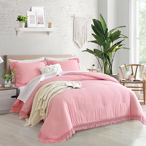 Juego de edredón con borlas rosadas, tamaño King de 102 x 90 pulgadas, 3 piezas con flecos y borlas rosas, juego de ropa de cama bohemio, ligero y