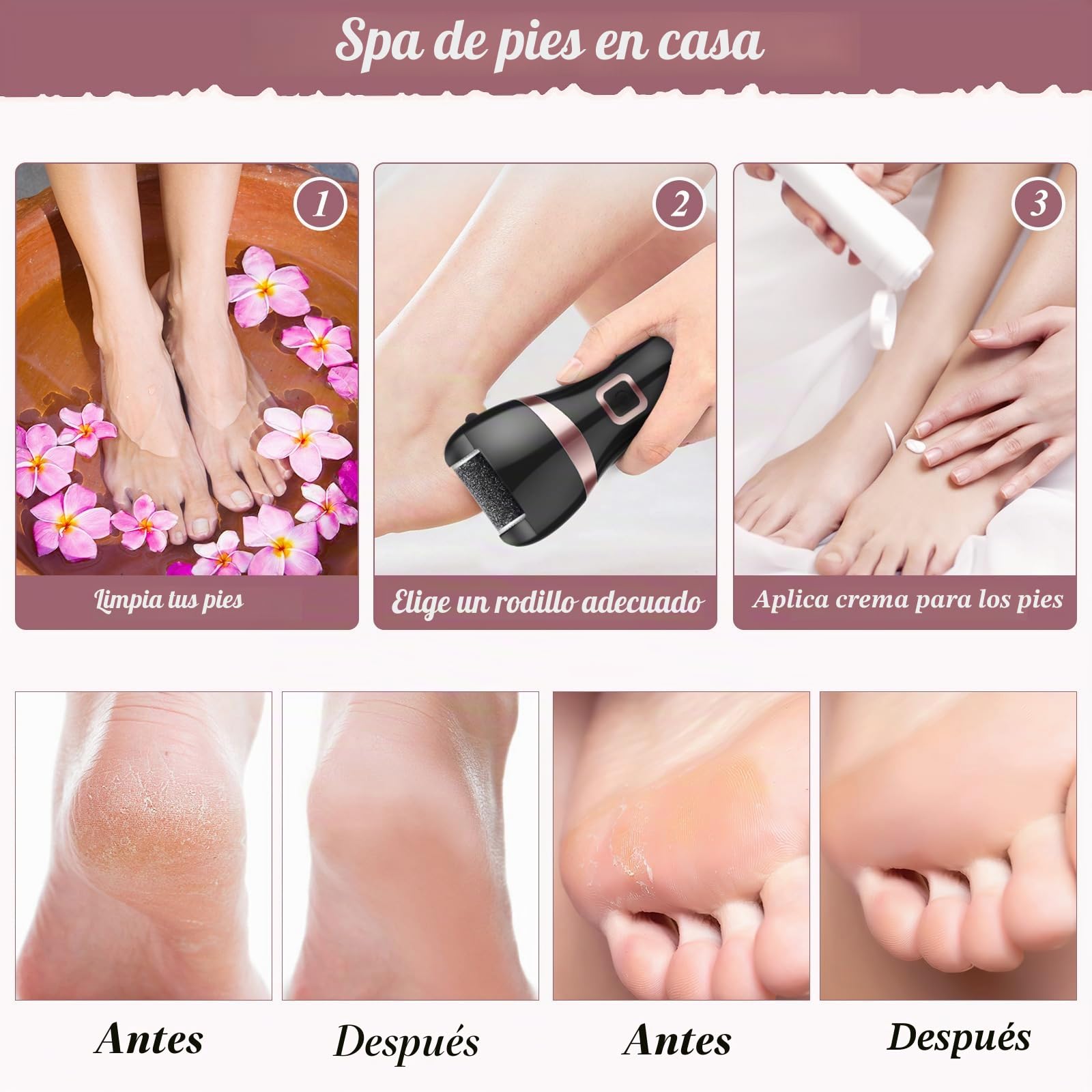 Lima Electrica Pedicura Profesional Recargable IPX7 Impermeable Eliminar Callos Pies Durezas Cuidado Lima Blanca de Metal, 3 Recambios 5 Niveles Bateria 1200MAH 2 Velocidades