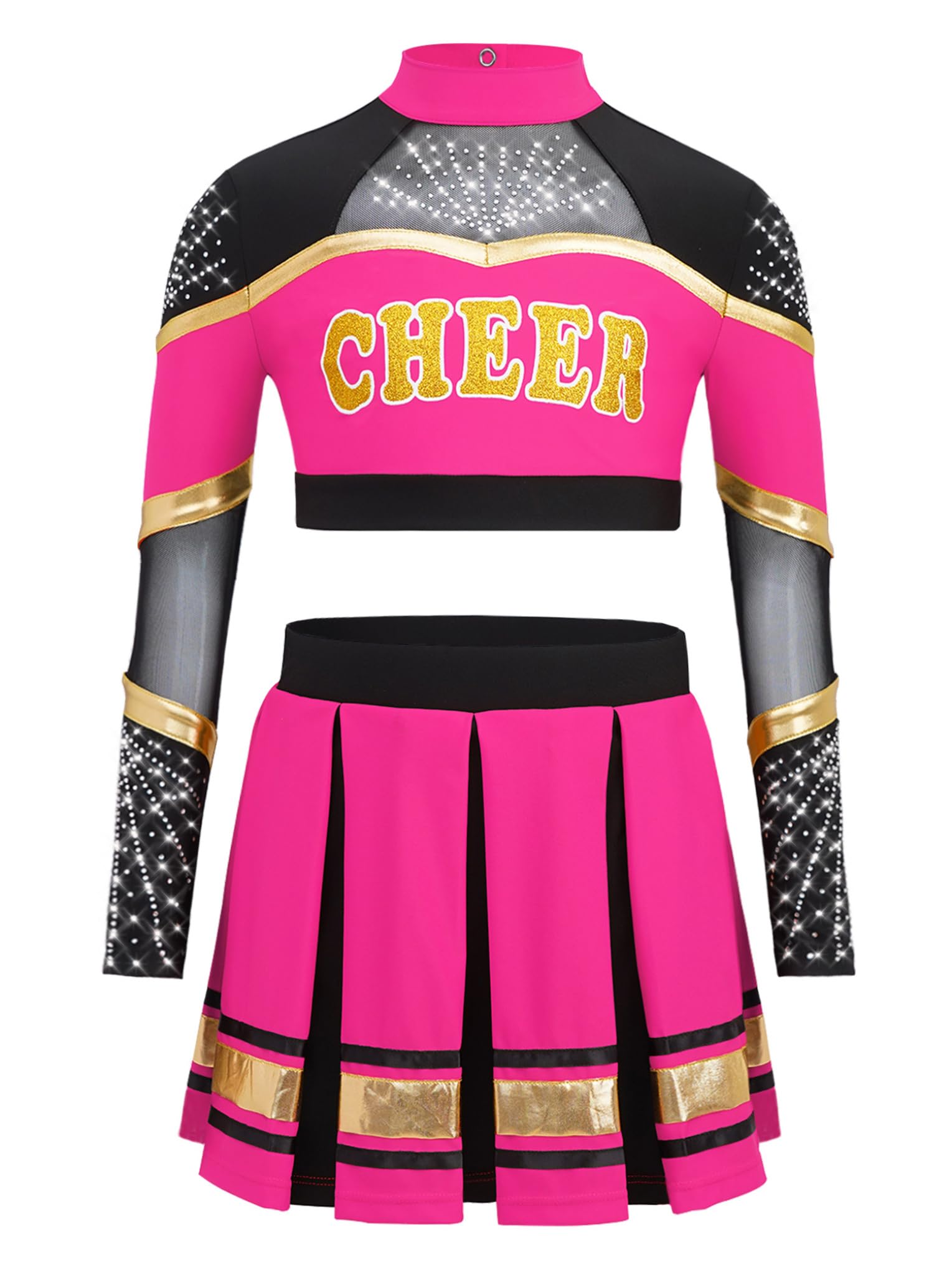Hansber Cheerleading kostium taneczny dla dziewcząt, crop-top z nadrukiem liter + krótka plisowana spódnica, kostium na imprezę karnawałową
