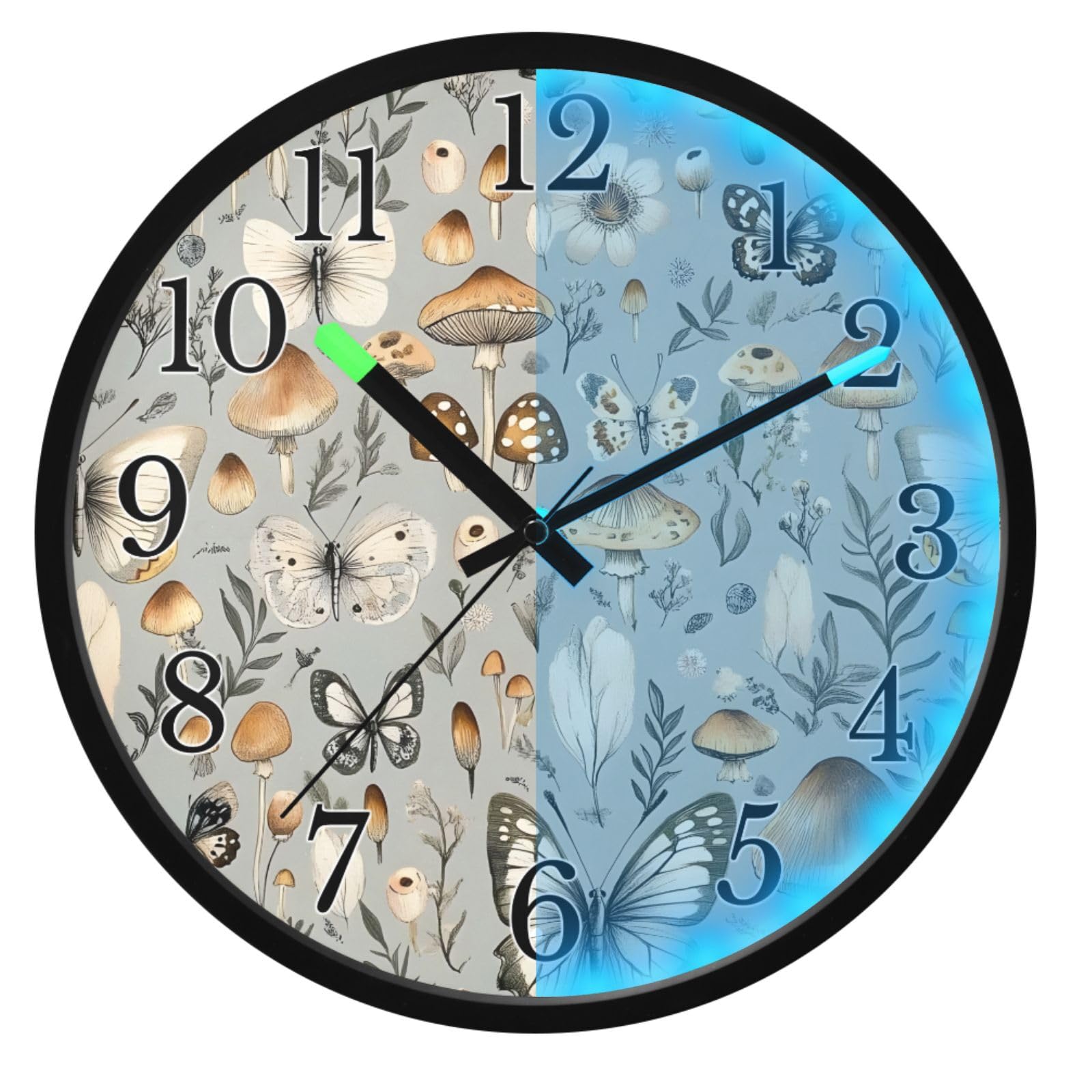 Mnsruu Reloj de pared luminoso con diseño de mariposa y hongo, color gris, reloj de pared que brilla en la oscuridad, funciona con pilas, reloj silencioso de 30,5 cm con luz nocturna para dormitorio