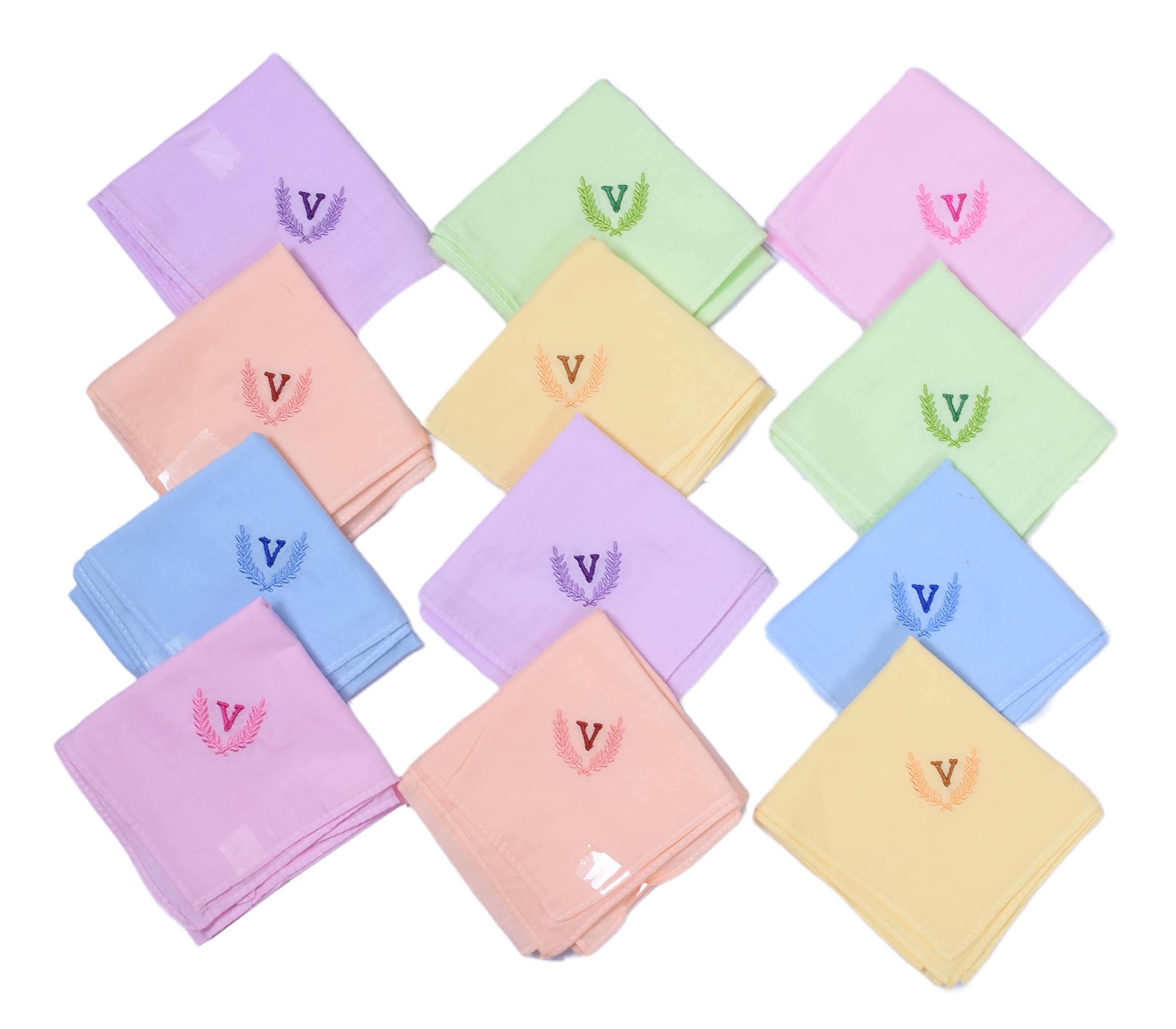 Personalized Handkerchief Cotton for Women & Girls with Embroidered Initials V Alphabets for Gift (Pack of 6)-image-49