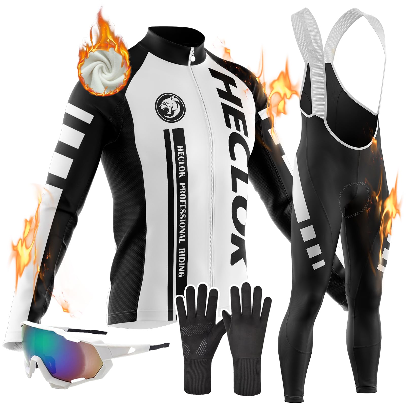 Vêtements Cyclisme Homme Hiver Tenue Cycliste en Polaire Thermique,Maillot Velo VTT Jersey Manche Longue et Pantalon à Bretelle avec 9D Coussin Gel, Coupe-Vent et Chaud MTB