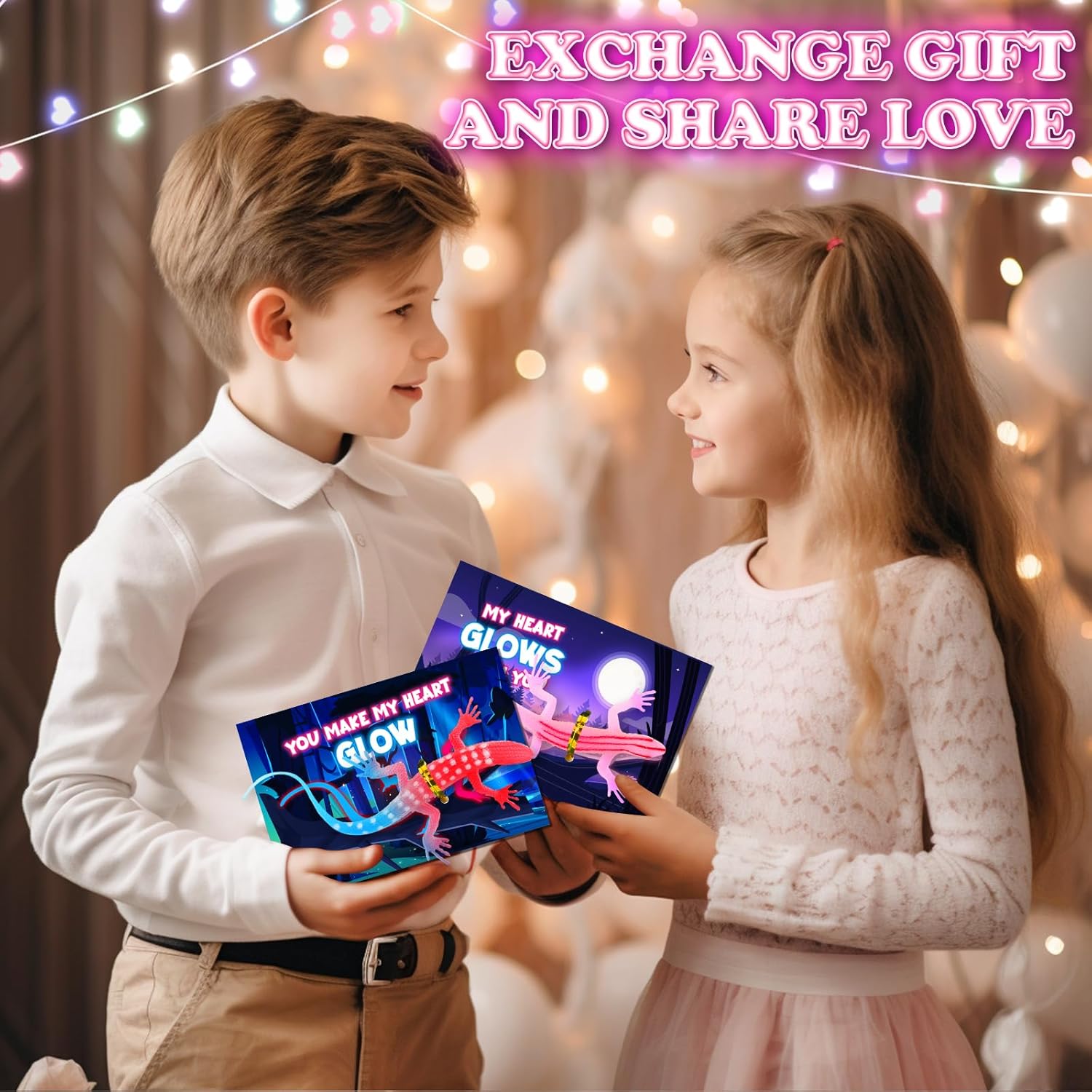 24 Pack Valentines Day Gifts for Kids, Valentines Cards for Kids Classroom with Glow in The Dark Lizards, Valentines Day Cards Exchange For Kid School Class, Valentine Party Favors for Boys Girls