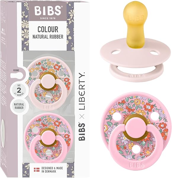 Tétine BIBS Liberty. Lot de 2 sucettes. Sans bisphénol A, Téterelle ronde. Latex de caoutchouc naturel, Fabriqué au Danemark, Taille 2 (6-18 mois), Blossom/Baby Pink - 1