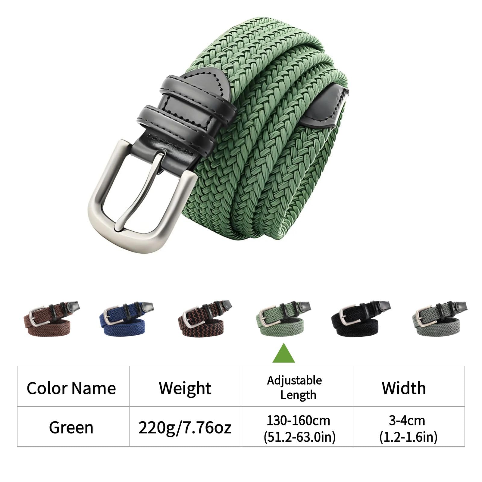 Ceinture Tressée Renforcée Grandes Tailles - Double Boucle 130-160cm(51-63") 220g Léger Sport/Bureau Green