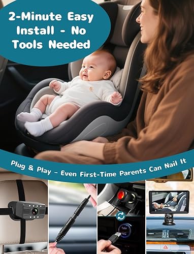 Miniatura 3 de Cámara de coche para bebé, pantalla dividida de 7 pulgadas con cámaras de doble asiento, visión nocturna, HD 1080P, alimentada por USB, fácil de