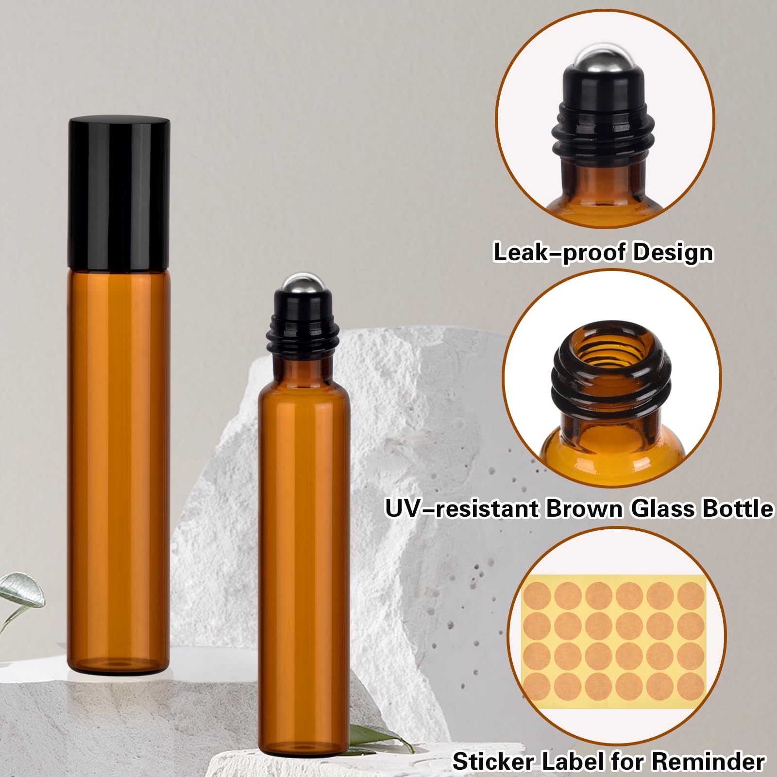 10 Pièces Roll on Vide, 10 ml Marron Bouteilles à Rouleaux D'huiles Essentielles, Flacon Roll on Huiles Essentielles avec Bille en Acier Inoxydable pour Aromathérapie, Lotions, Parfum