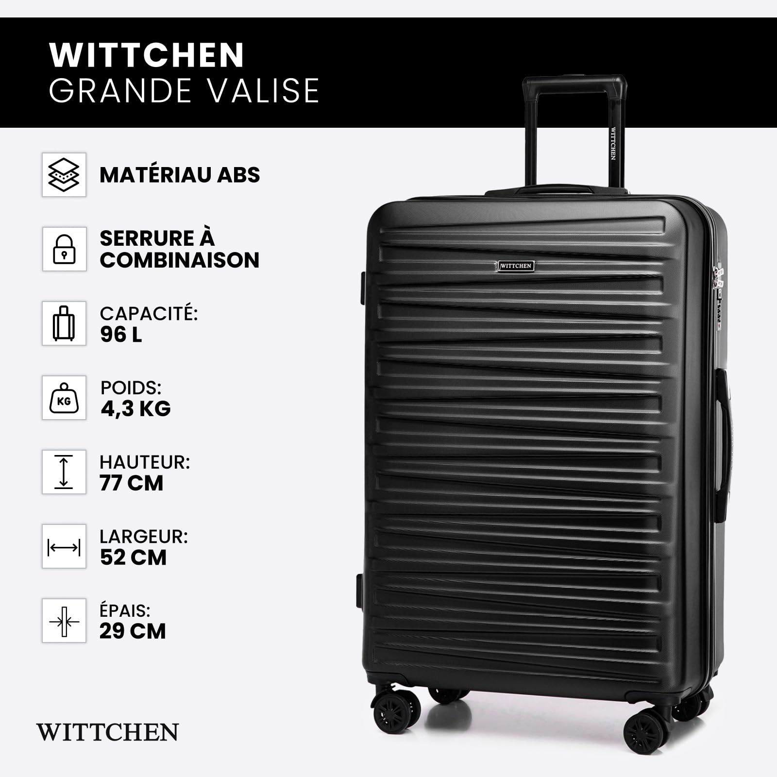 WITTCHEN Skyspeed Line Bagages Grande Valise Valise Rigide ABS Grande Valise à roulettes Trolley Check-in Bagages Serrure combinée Poignée télescopique 4 roulettes Noir Air France/Easyjet/Ryanair
