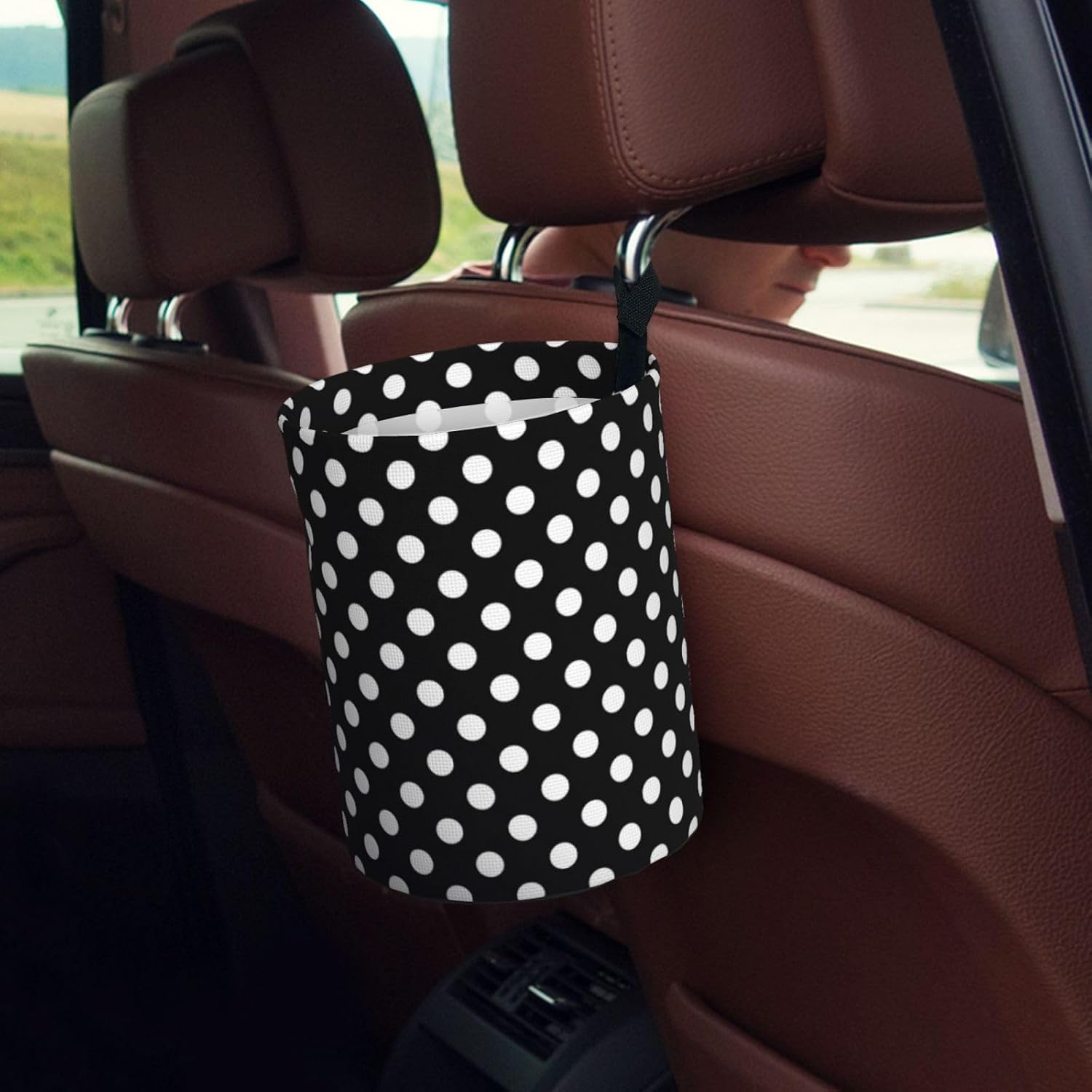 Vintage White Polka Dot Black Print Car Trash Can, Mini Car Trash Bin, Cute Cars Accessories Interior for Women, Cars Garbage Can for Decor