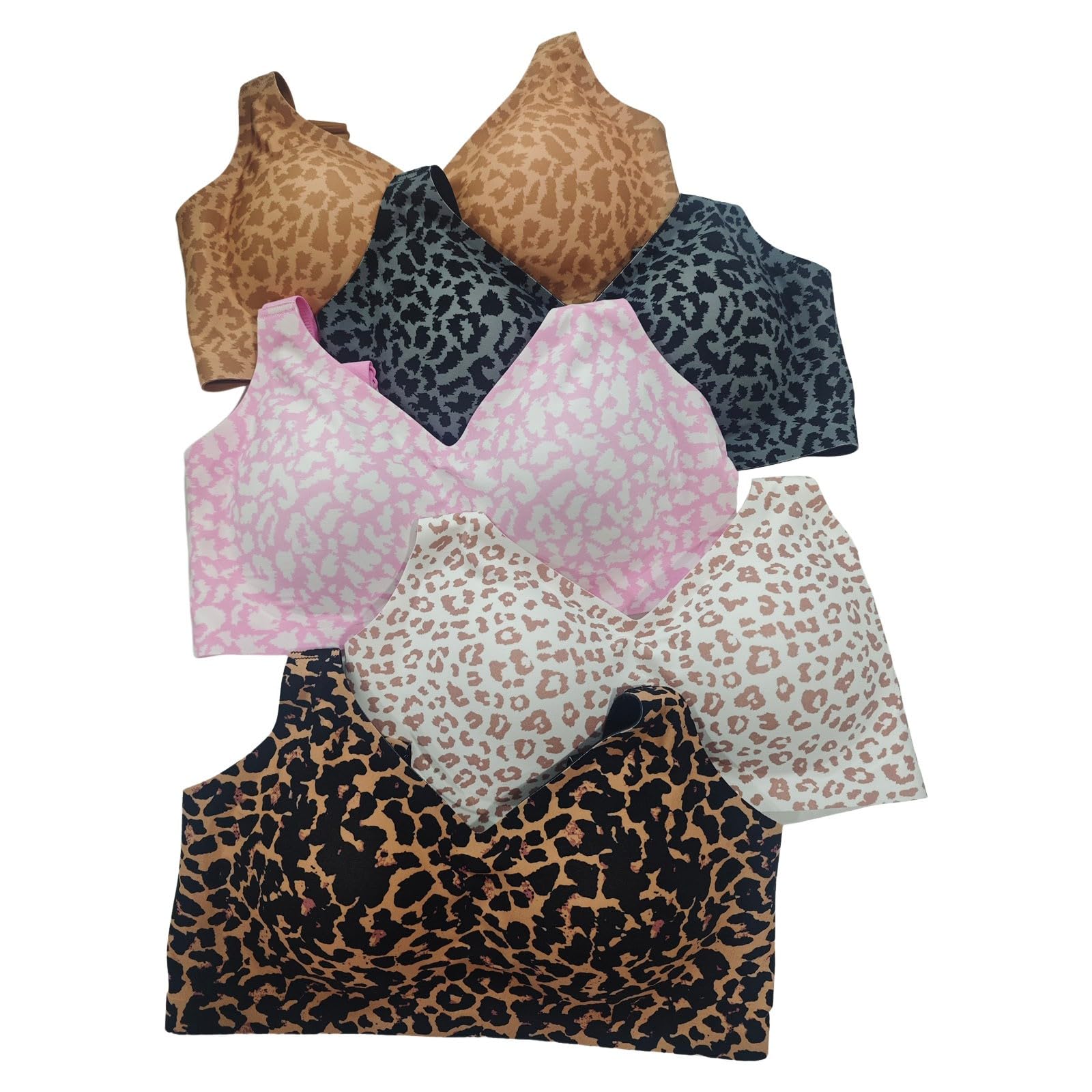 Leopard Print Super Shaping Jelly Bra Non-Wired Comfortable Adjustable Straps Deep V Neck Seamless Push Up, Pink, M