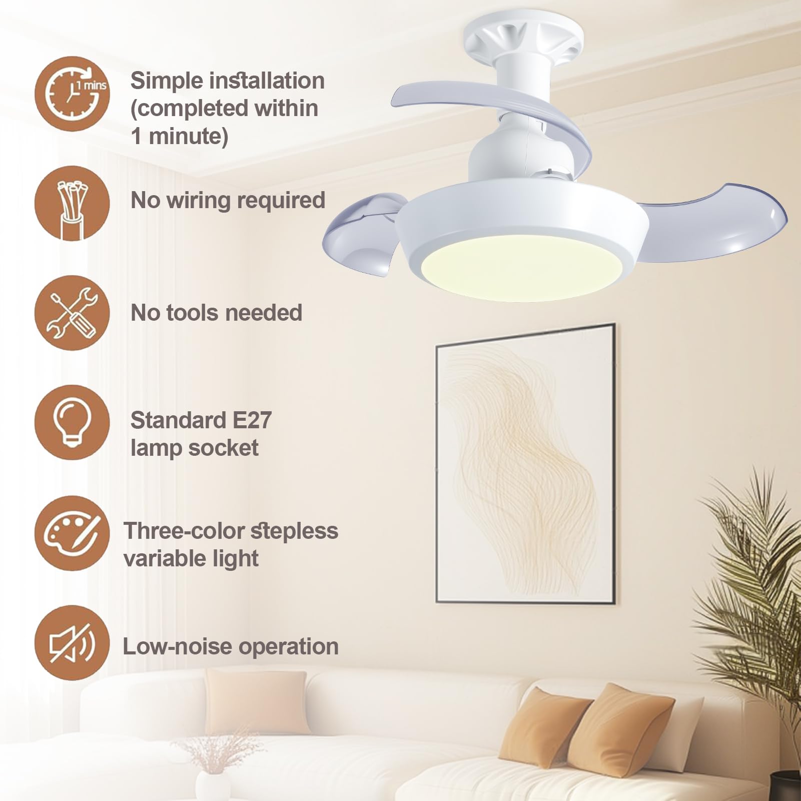 IERAKOR Ventilador de Techo con Luz E27, 42CM Lámpara LED, Silencioso | Sin Instalación, LED 33W Regulable, 3 Velocidades, Aspas Ocultas Seguras, Ideal para Refrescar Dormitorios o Cocinas Pequeñas