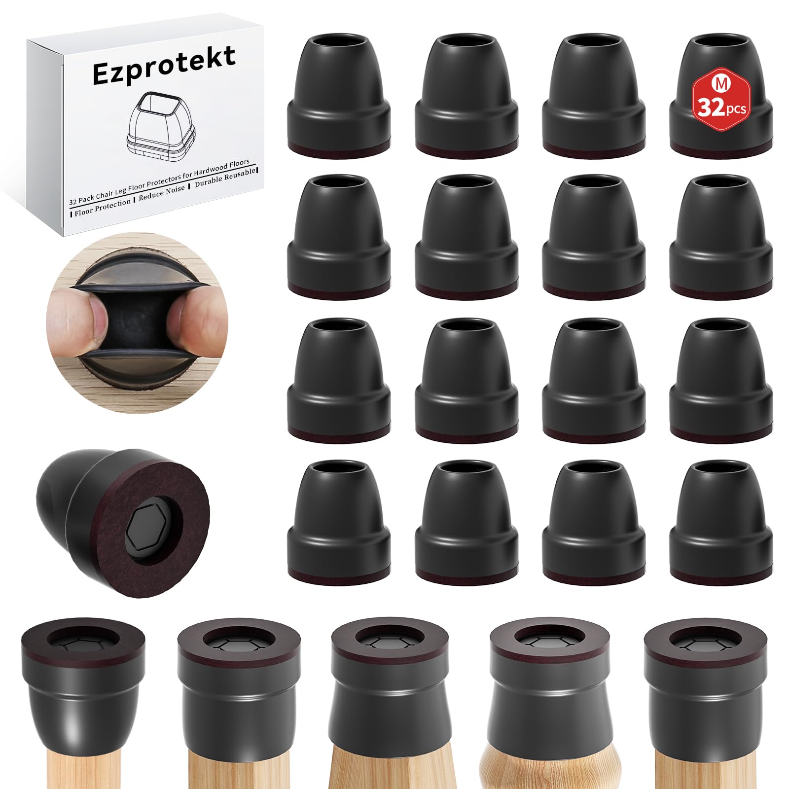 Ezprotekt 32 Stück Schutzkappen Für Stuhlbeine mit Filz, Gummi Möbel Beinbecher, Ø21-25mm Tischbeinbezug, Möbelmatte für Hartholzböden Rund Schwarz, (Rund, Passform 0,8-1")