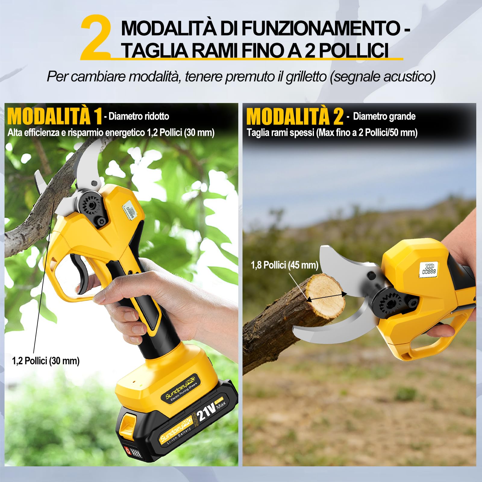 21V Forbici Potatura Elettriche, Max 50mm Forbice Potatura Senza Fili con 2 x 2,0Ah Batteria, Display LCD, Custodia, Cesoie Elettriche Brushless per Frutteto Rami Albero Arbusti Giardino