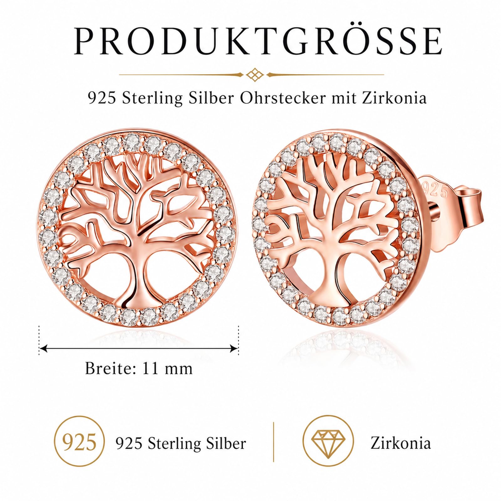 Jrêveinfini Lebensbaum Ohrringe Damen Sterling Silber 925, Ohrstecker Damen mit Geschenkbox, Geschenk für Sie Frau Freundin Mama Valentinstag Weihnachten Muttertags, Durchmesser 12mm