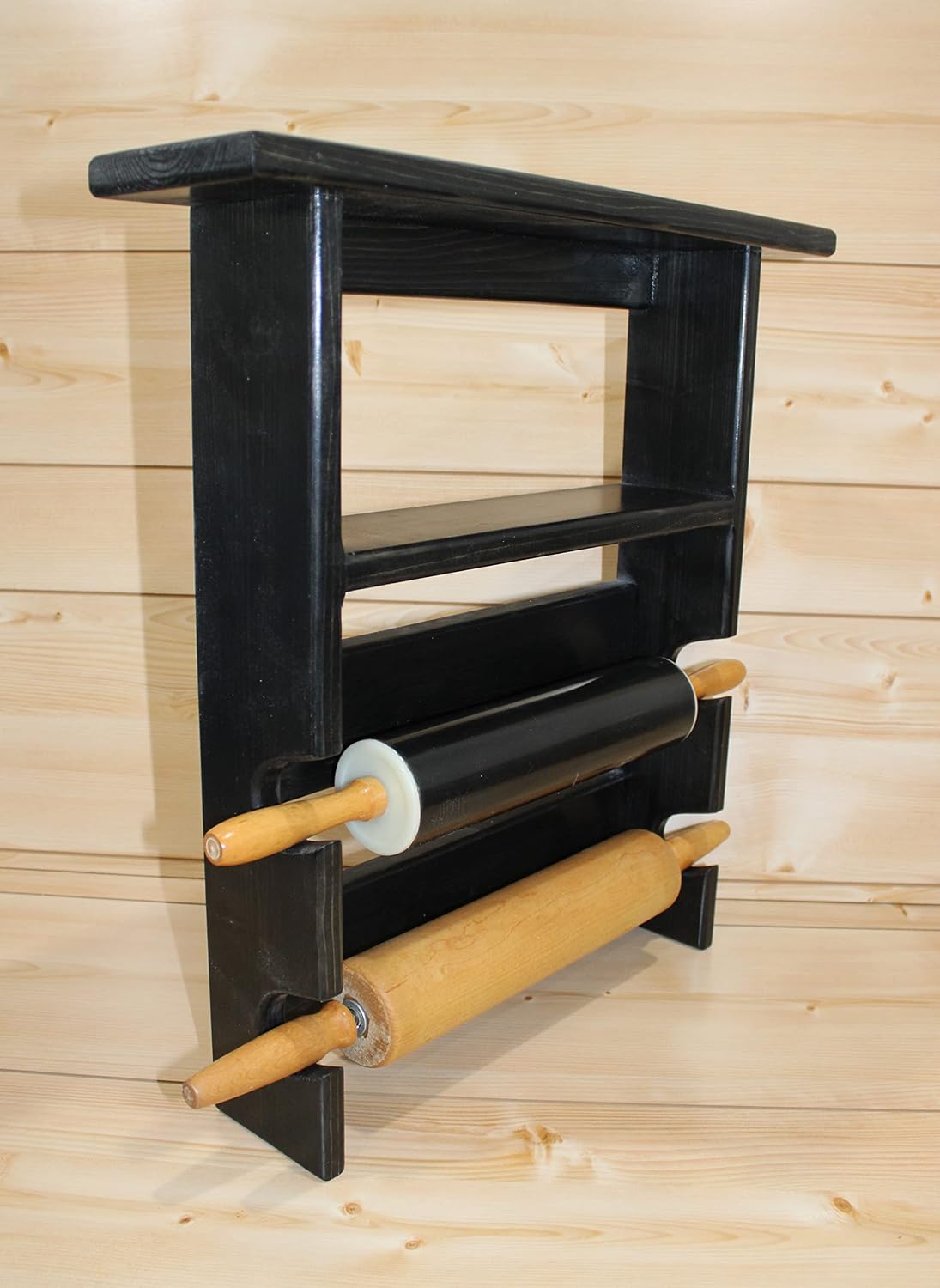 Wooden Rolling Pin Display Rack – Black Rolling Pin Rack with Double Shelves – Holds 2 Rolling Pins – Wall Mounted Storage for Bakers & Collectors