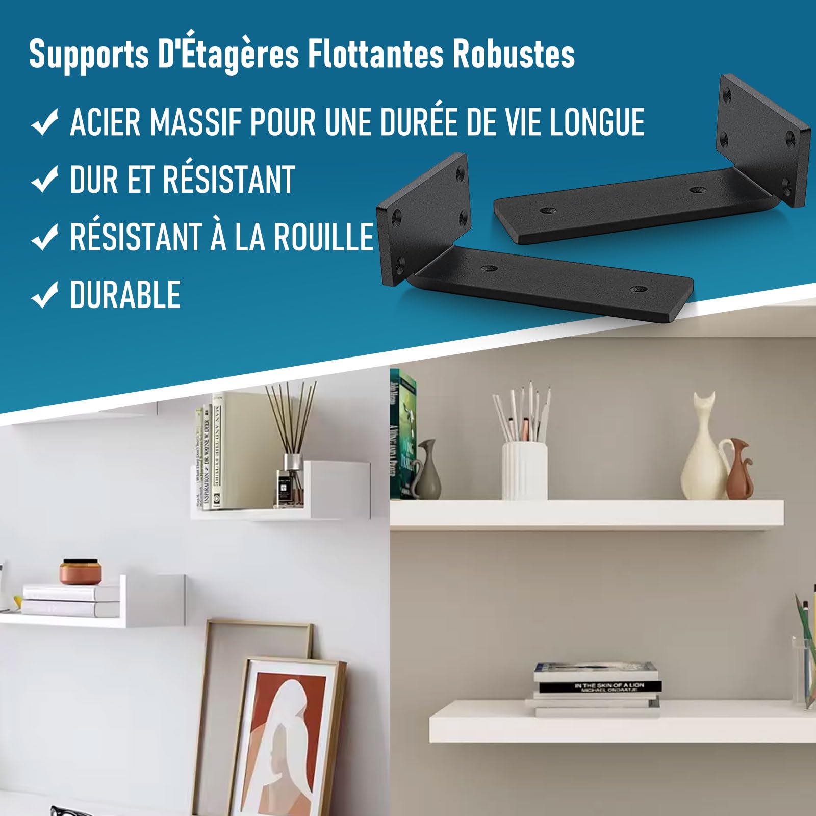 Lot de 4 Supports d'étagère Flottants de 15 cm, Fixations d'étagère invisibles, Supports Muraux en Métal Robuste pour étagère de Stockage | Bibliothèque - Avec vis (Noir)
