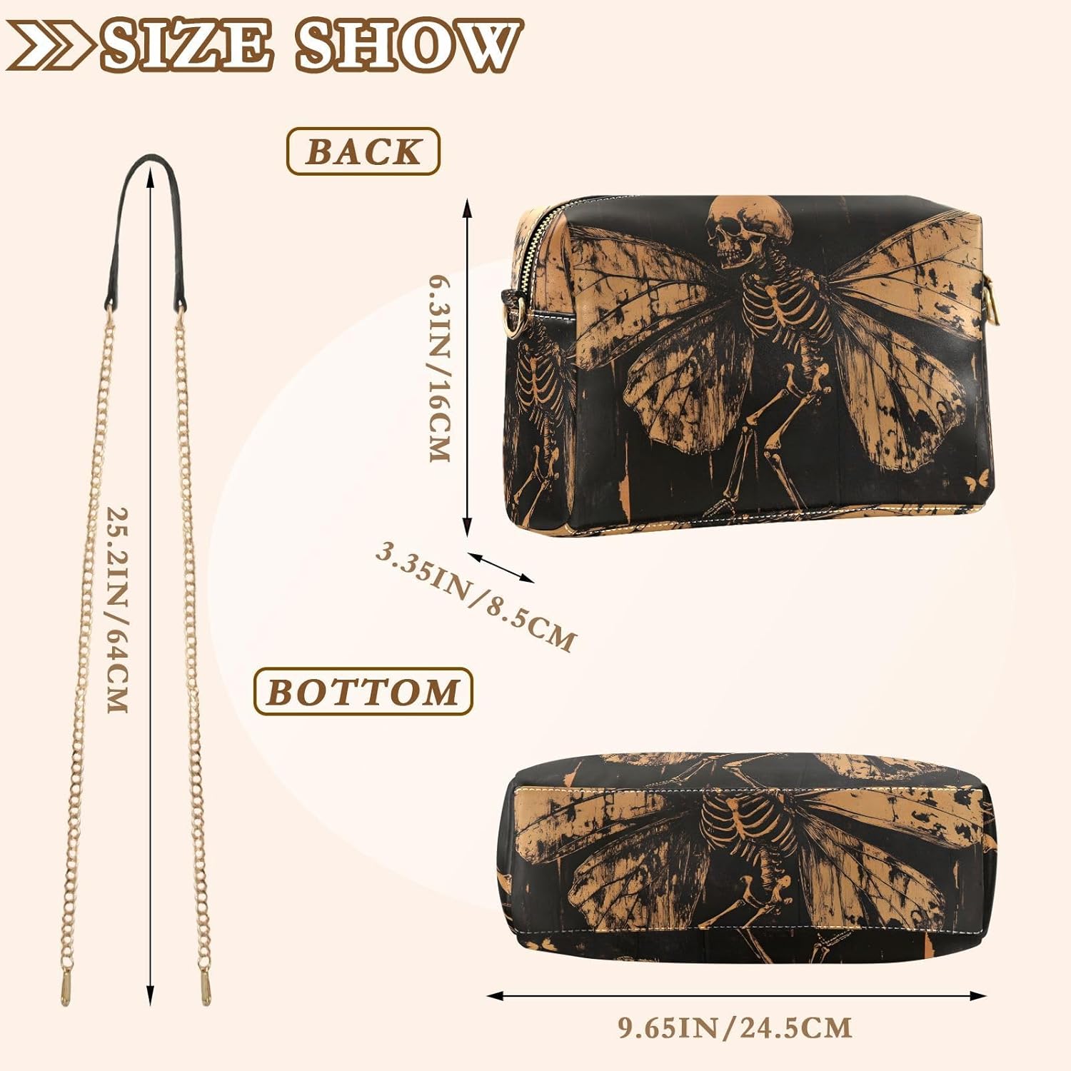 Women Crossbody Bag Shoulder Handbag Cellphone Purse Skull with Wings Print, PU Leather Metal Chain Strap Water Resistant Zipper Closure