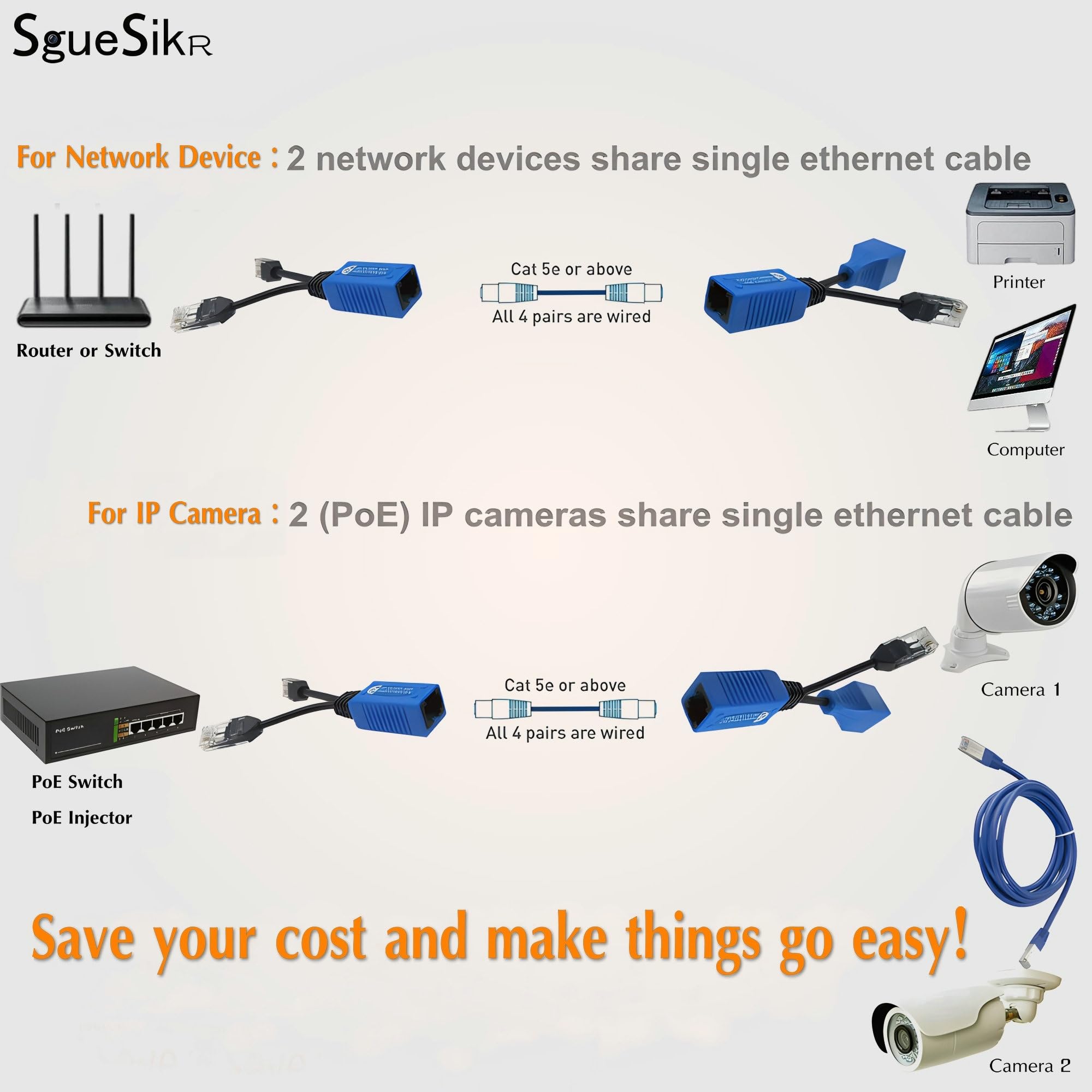 8 paia di splitter Ethernet PoE, combinatore Cat5 2 in 1, kit di condivisione cavi RJ45 per 16 telecamere IP di sicurezza NVR sistema di sorveglianza