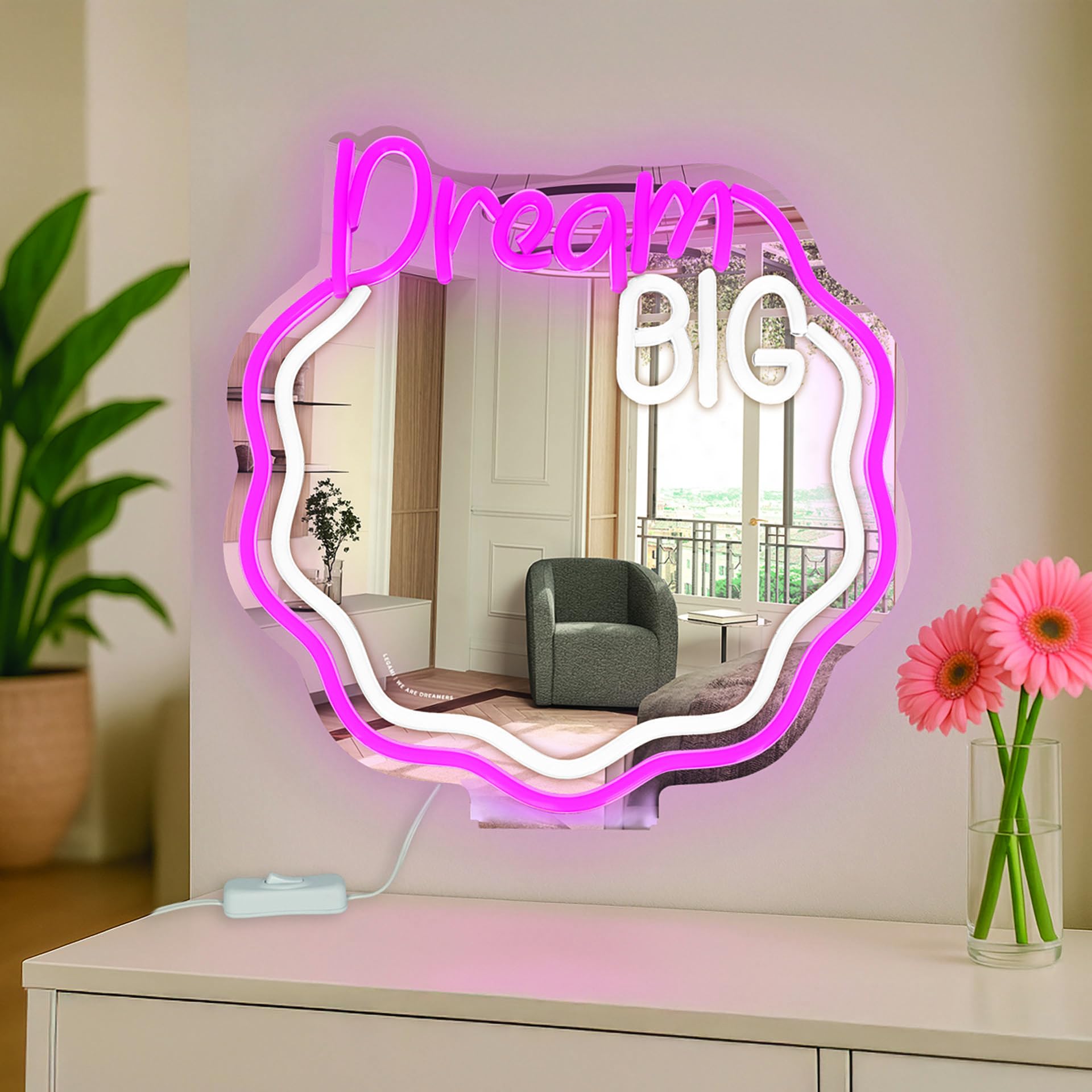 LEGAMI - Miroir avec Lumière LED Effet Néon, It's a Sign, Alimentation par Câble Type-C (Inclus), Base Amovible et Trou de Fixation pour Le Suspendre