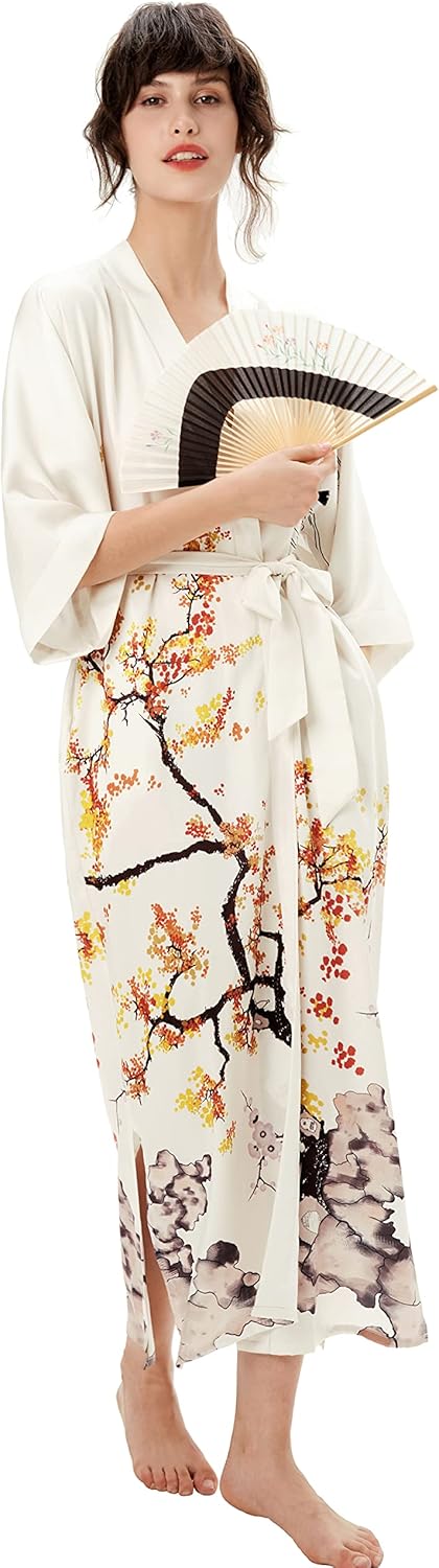 PRODESIGN Kimono Robe for Women - Long Satin Sleepwear Silky Kimono Cover-Up Nightgown Japanese Bathrobe Loungewear Blouse - Image 4