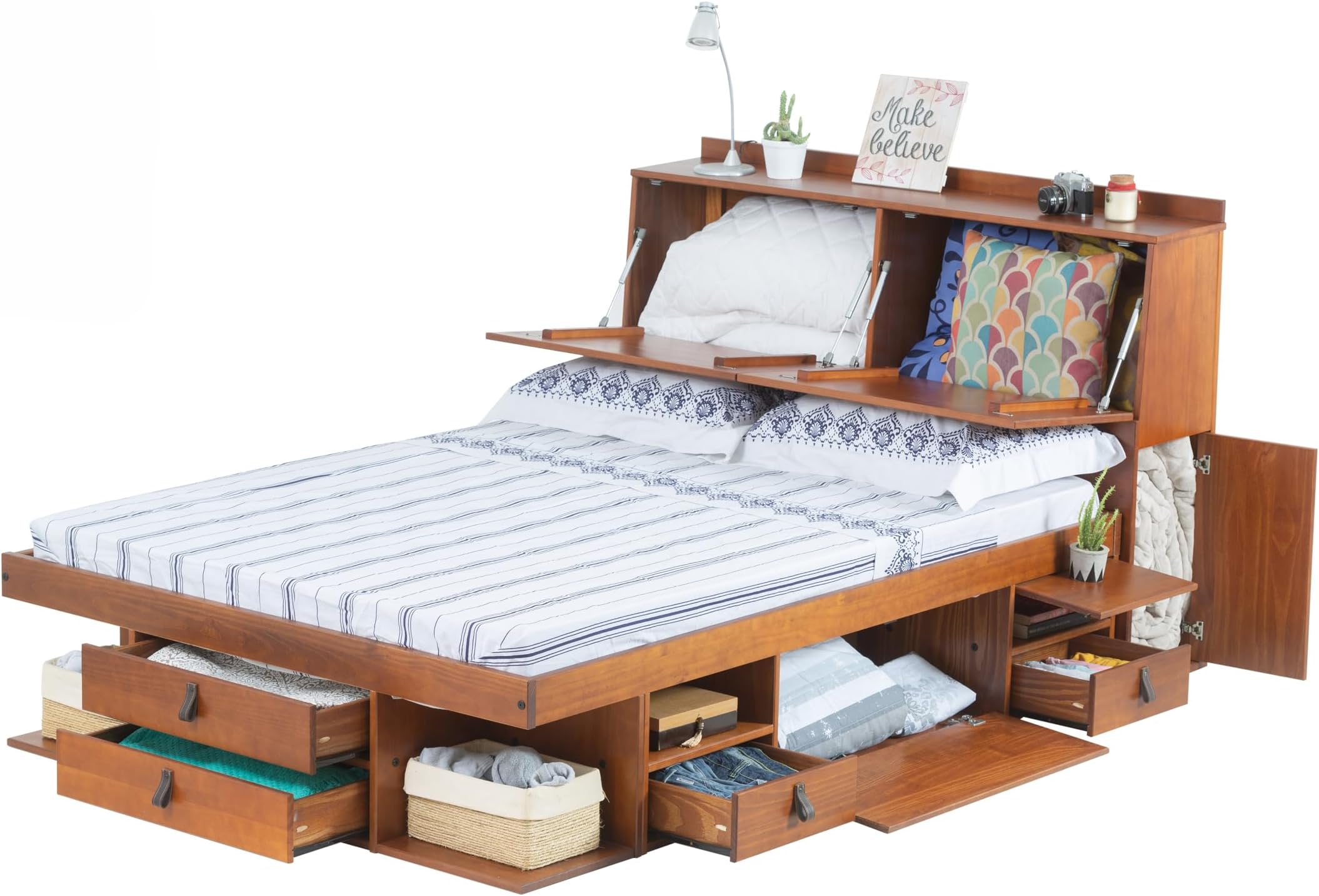 Memomad Set Bali Caramel: Storage Bed Continental Double (140x200 cm) + Headboard 150 + Slatted Frame. Sturdy double bed frame and headboard with drawers, ideal for small bedrooms - Solid pine wood