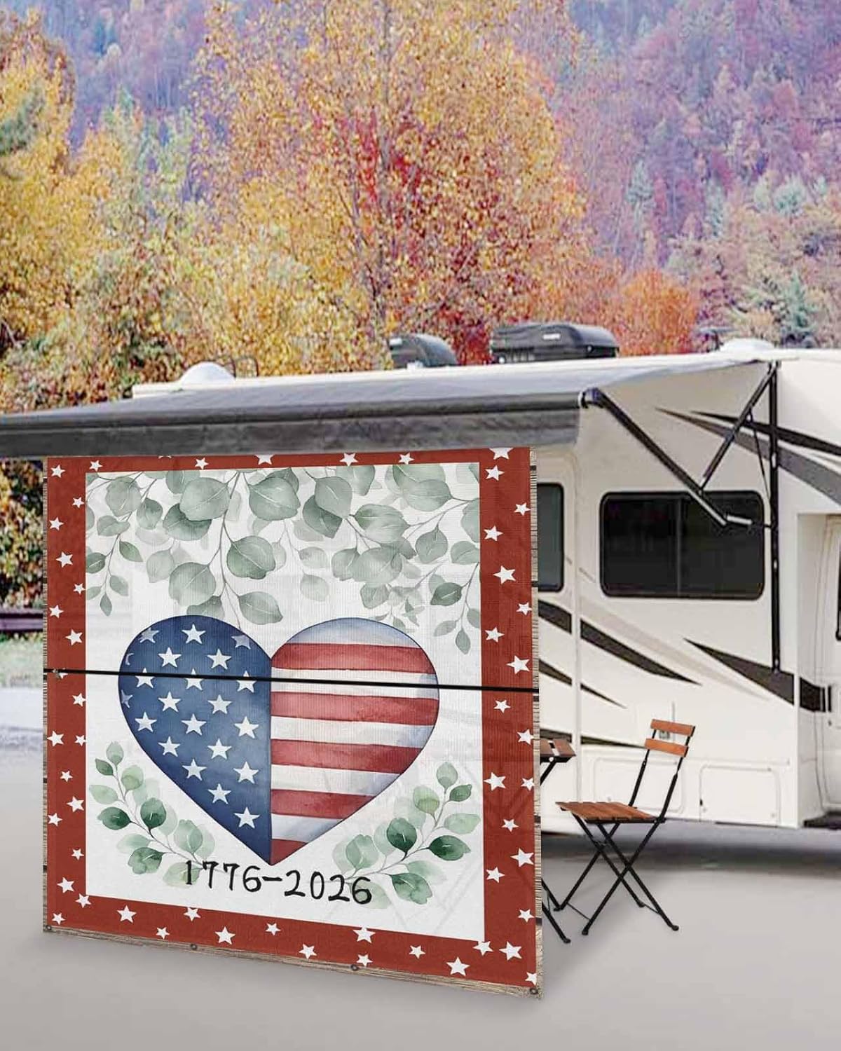 RV Awning Sun Shade Screen 9' x 7', 250 Anniversary USA Flag Mesh RV Awning Shades Complete Kits, Eucalyptus Blue Red Love Heart Sunlight Blocker Outdoor Canopy for Camping Trailer Motorhome