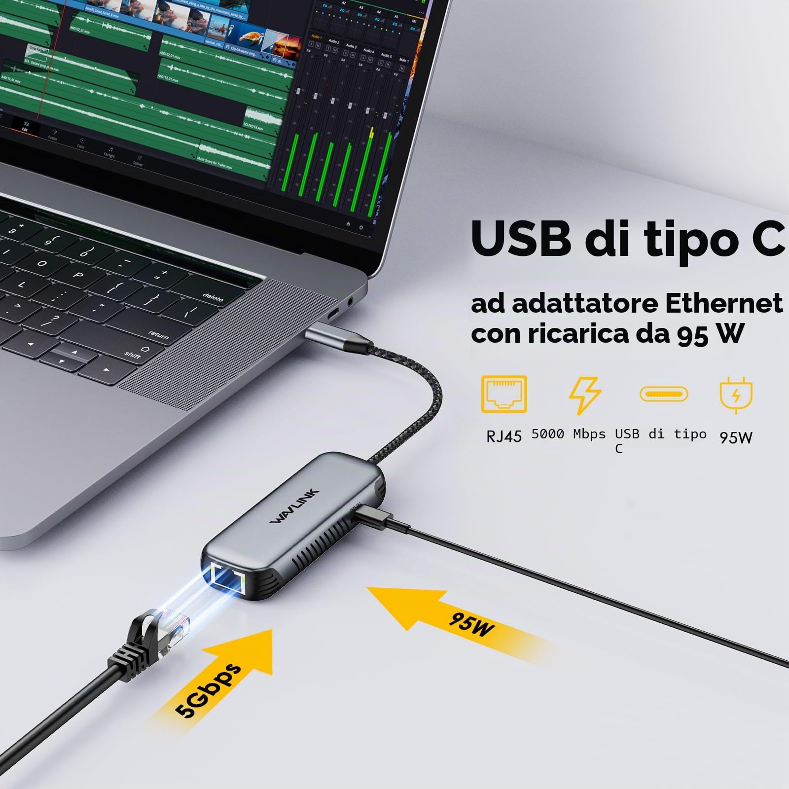 WAVLINK Adattatore USB C a Ethernet 5Gbps con PD 95W | Senza Driver | Compatibile PC, Mac, Linux (Windows 10/11, macOS 11+) | Scocca Alluminio | Rete Cablata