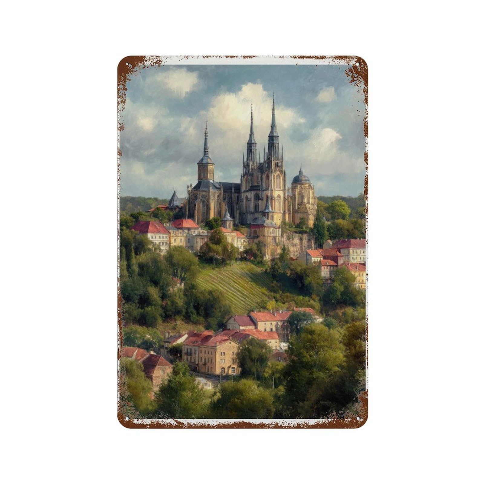 xiaoxiaoshen Kutná Hora Czech Republic Oil Painting Travel Historic Cathedral Town Wall Decor Art Metal Tin Poster Modern Home Decor Art Home Bar Shop Decorations Vintage Sign 30x20cm