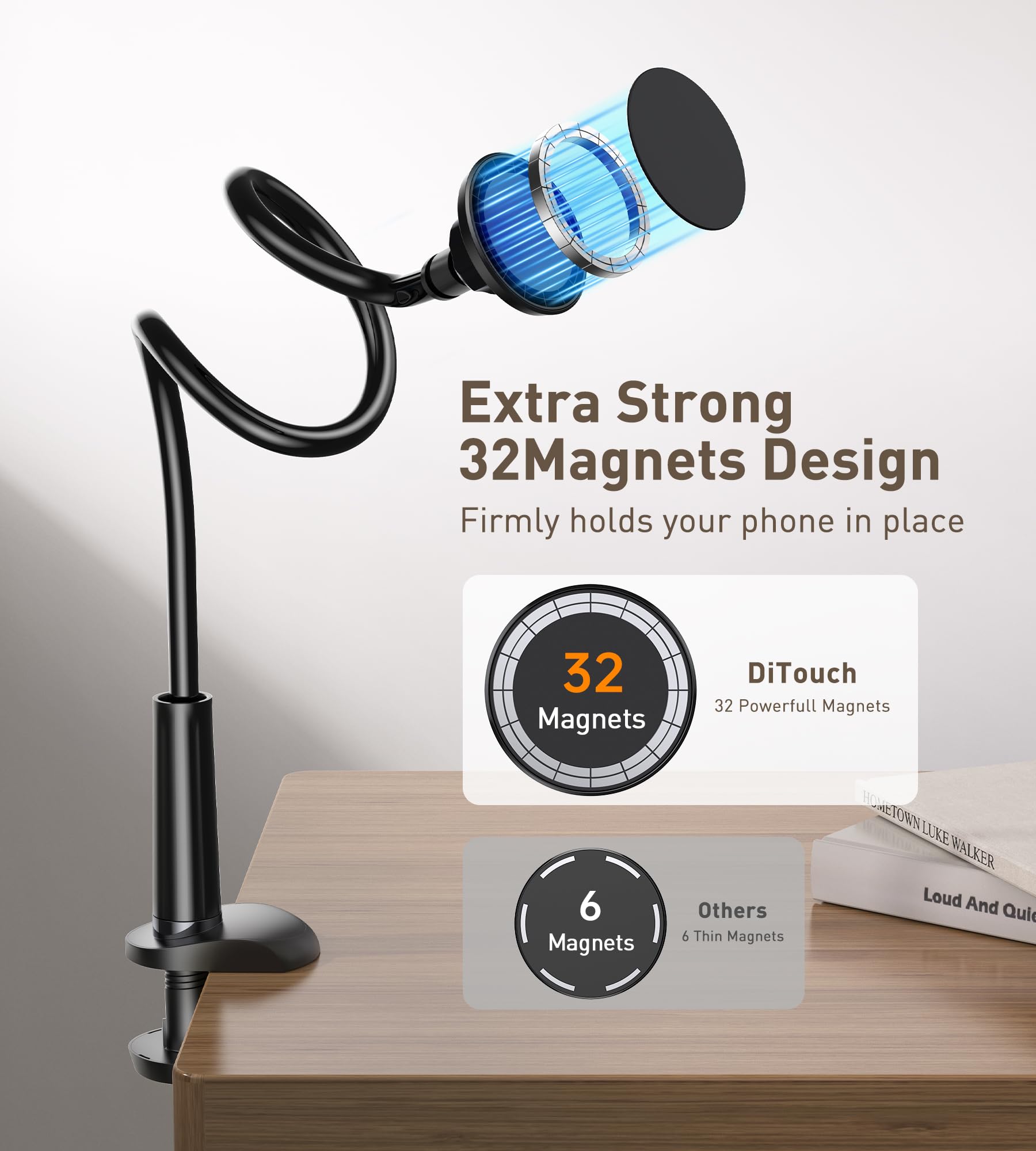 Magnetyczny uchwyt na telefon z gęsią szyją, uchwyt na telefon iPhone 13/12, stojak zacisk stołowy, regulowany obrót o 360°, biuro/dom, kompatybilny z 13 12 Pro/13 Mini/13 Pro Max, etui