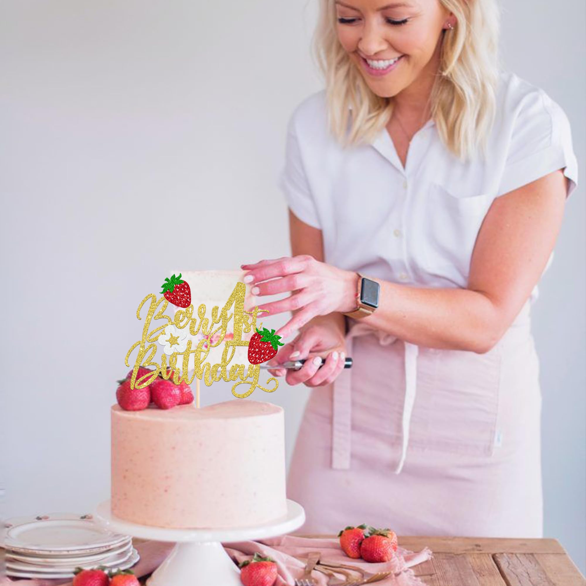 Strawberry 1st Birthday Cake Topper - Glitter & Flower Design, Fruit Theme Baby Shower Decor, Single Pick - View #11