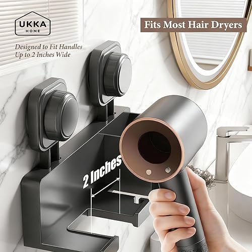 Miniatura 7 de Organizador de almacenamiento para secador de pelo con ventosa con estante y ganchos para baño. Reutilizable, plástico ABS, resistente al óxido,