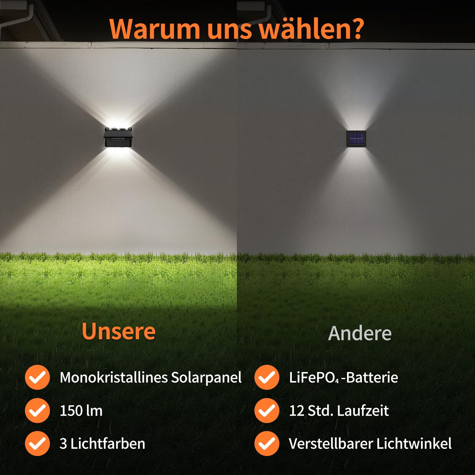 INTELAMP Solar Wandleuchten für Außen Garten Up und Down 3 Farben, 4-Stück | IP65 Wasserdicht Solarleuchten mit Fernbedienun, für Deck Porch Zaun Hof Garten hausnummer