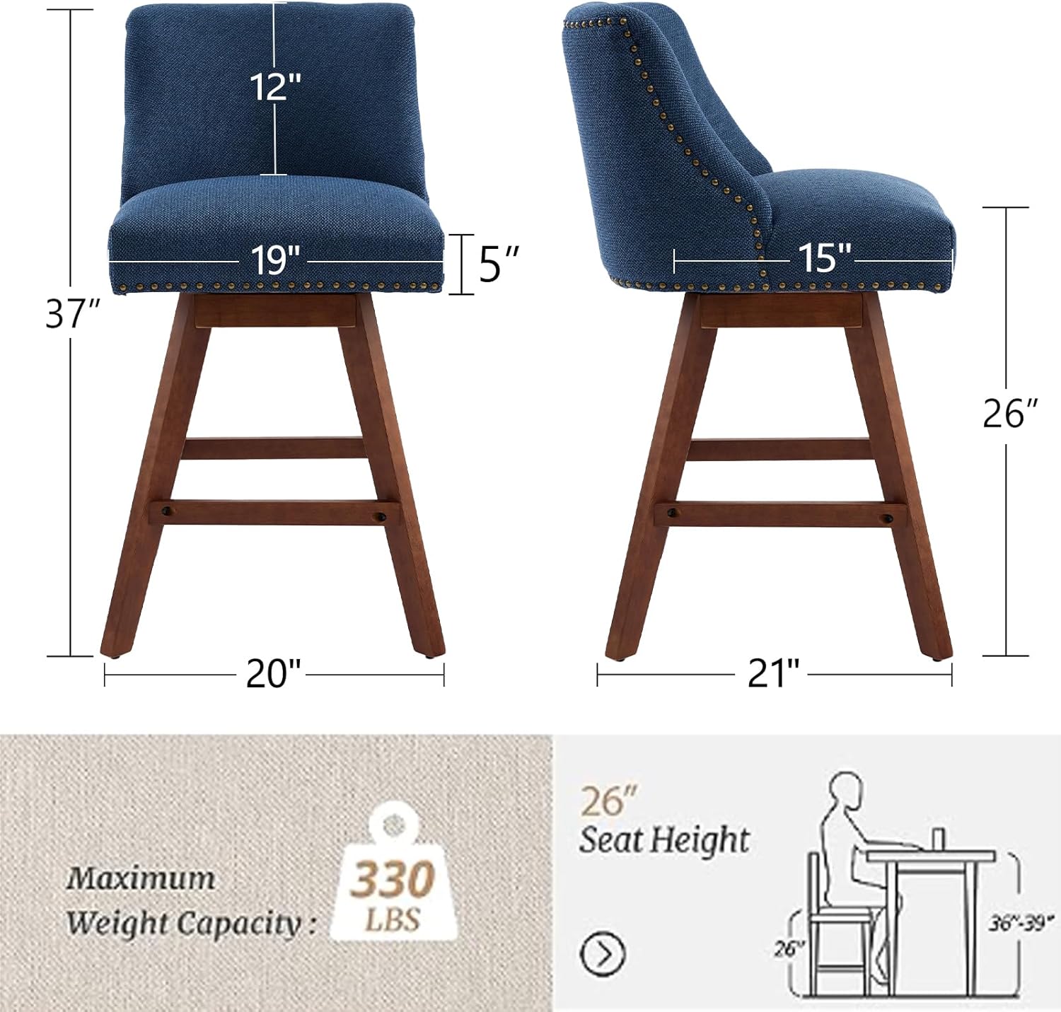 cinkehome Swivel Counter Height Bar Stool with Back Set of 4, 26" High Modern Barstools or Kitchen Island, Upholstered Bar Stools with Sturdy Wood Legs, Dinings, Pub, Blue