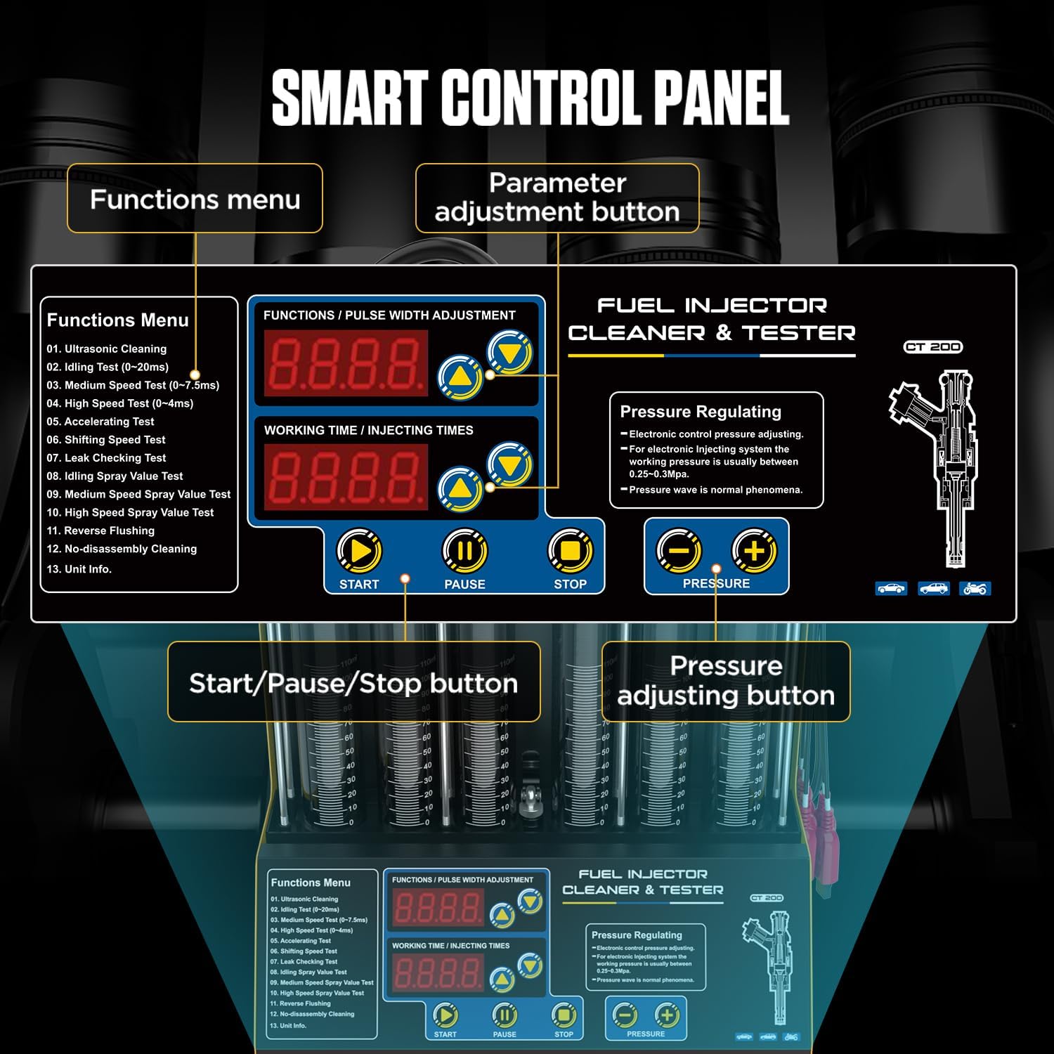 CT200 Fuel Injector Cleaner Tester 6 Cylinders Upgraded Ultrasonic Cleaning Kit with 12-in-1 Diagnostic Functions for Automotive & Motorcycle