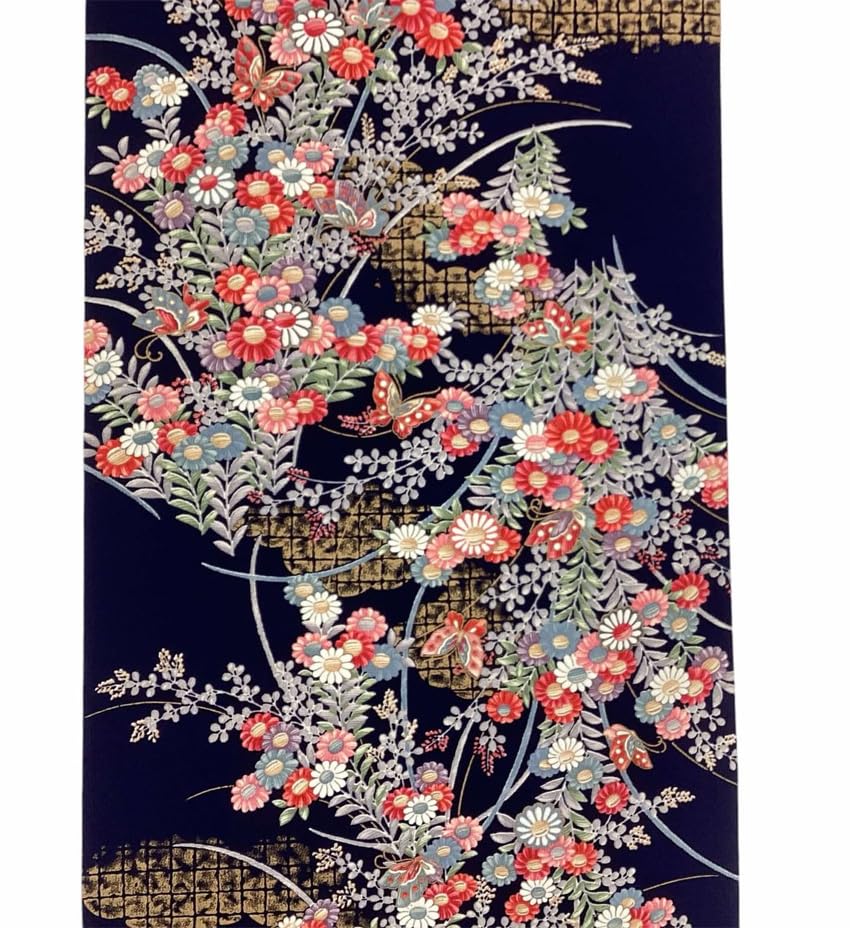 Amazon | 着物のはぎれ 正絹 紺地花柄友禅 京友禅小紋 反物