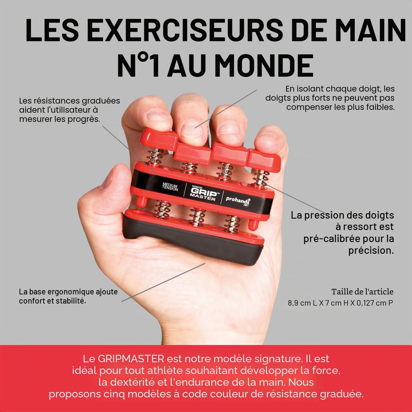 Prohands Gripmaster Exerciseur pour les doigts (renforcement de la prise manuelle), à ressort, système de pistons de doigts, isole et exerce chaque doigt.
