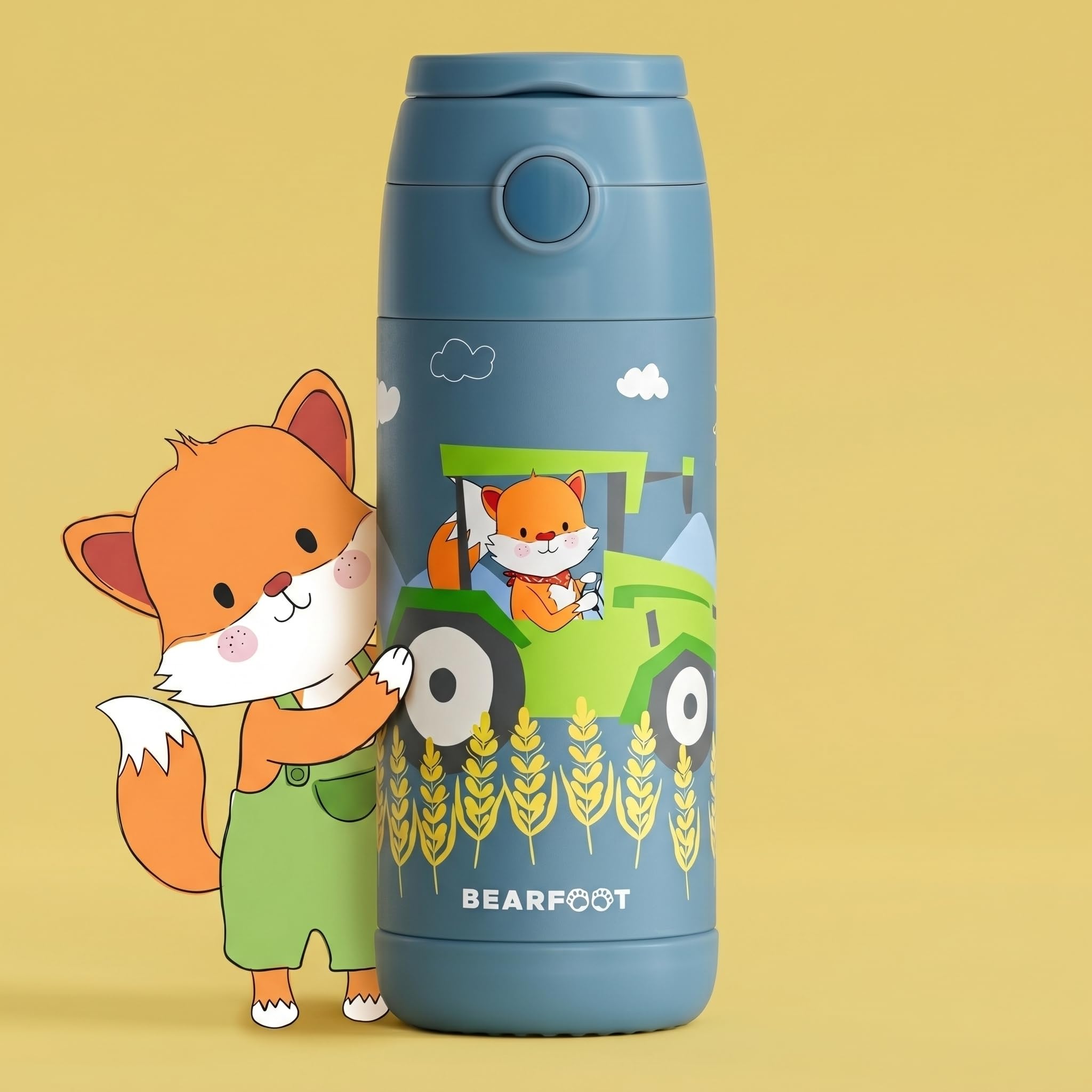 BEARFOOT Edelstahl Trinkflasche Kinder 350ml (Traktor Fuchs – Blau) | Thermo, vakuumisoliert, mit Tragegriff, auslaufsicher, BPA-frei, für Mädchen & Jungen