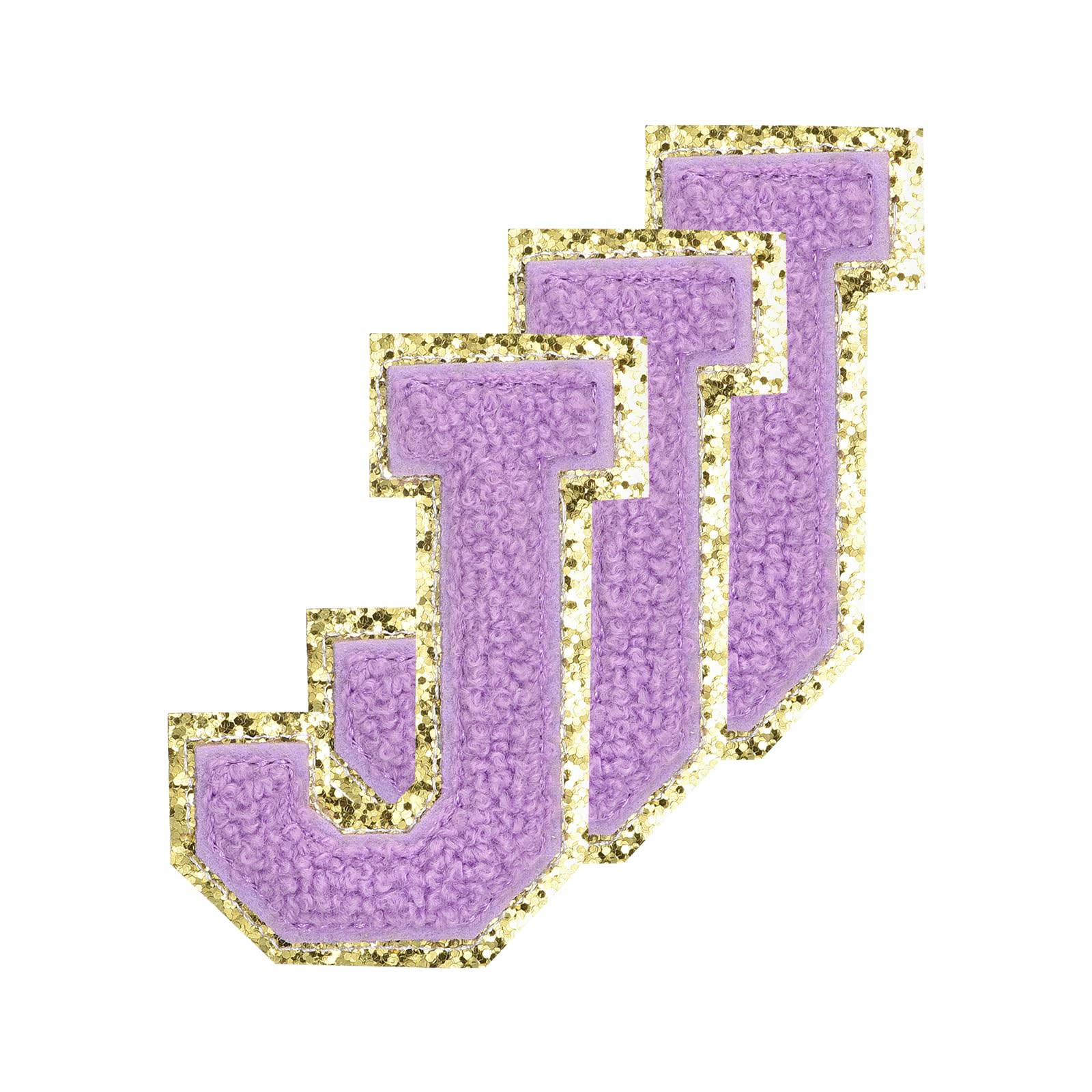 sourcing map Chenille Letters J Patches Large Size 80mm/3.15 Inch Iron-on Letters J Patches Golden Glitter Embroidered Patches for Clothing, Shoes, Hats, Backpacks Pack of 3(Purple)
