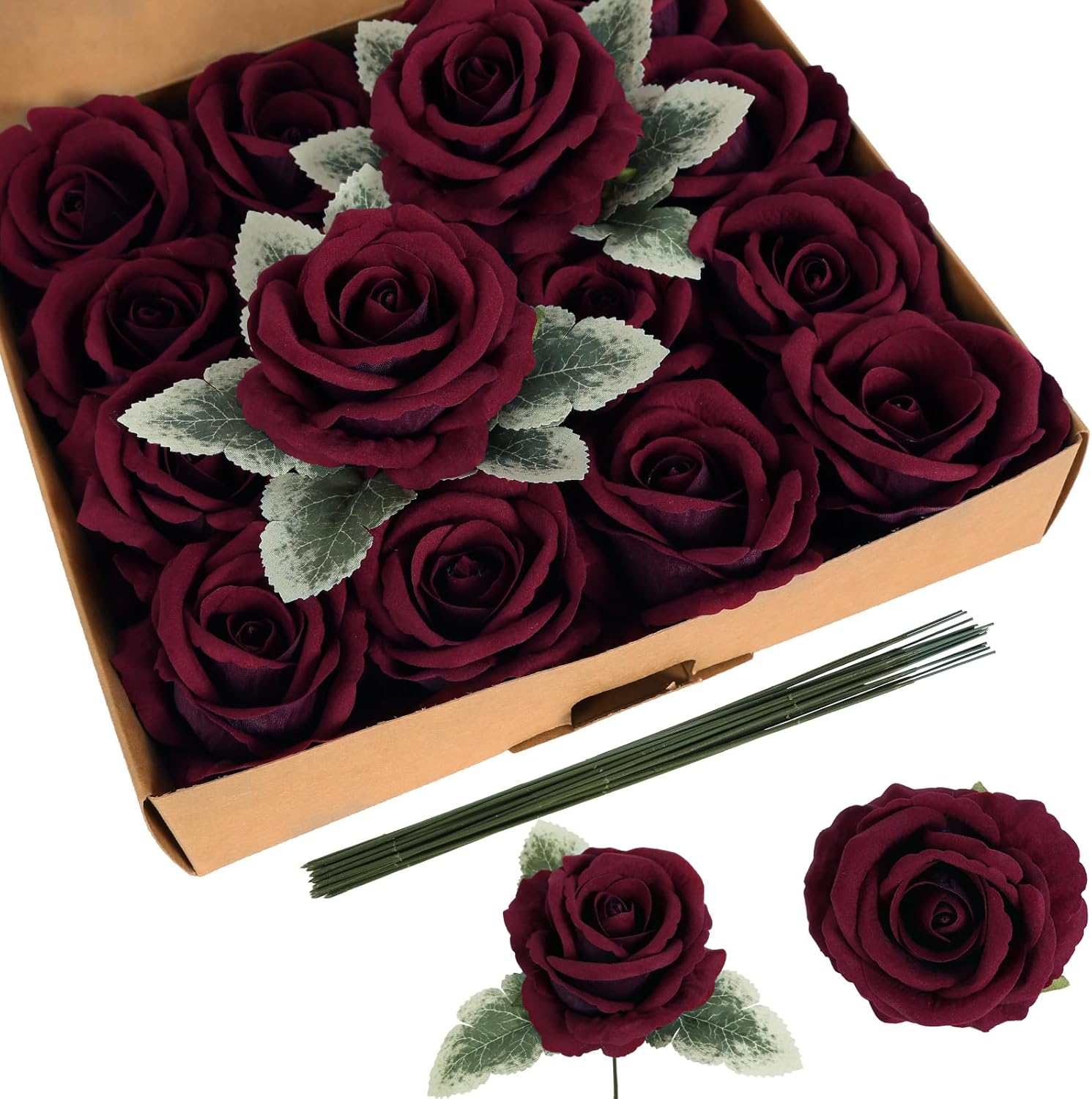 IPOPU 16pcs Burgundy Rose Artificial Flowers 3.93" Large Fake Velvet Rose Bulk Real Touch Silk Flowers Heads for DIY Wedding Bouquet Floral Arrangement Home Party Garden Decorations (Burgundy)