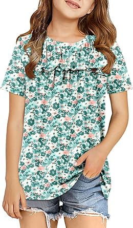 قمصان الفتيات storeofbaby قمم قصيرة الأكمام قمم مستديرة الرقبة كشكش Flowy Tunic Blouses 5-14 سنة