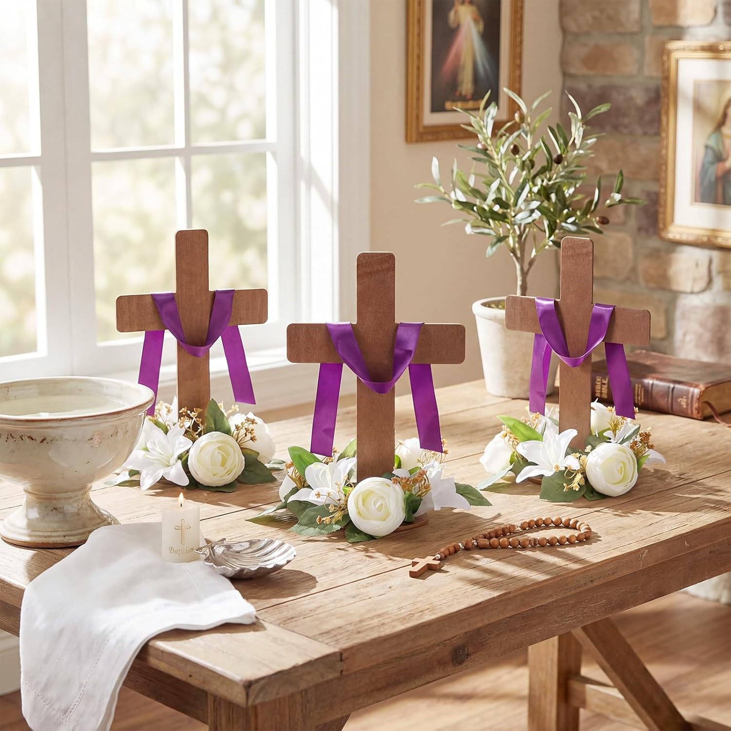 6 Sets Baptism Centerpieces Table Decorations First Communion Wooden Cross Ornament Set with Lily Candle Ring Wreath Purple Ribbon with Stands for Baptism Baby Shower Wedding (Dark Brown)