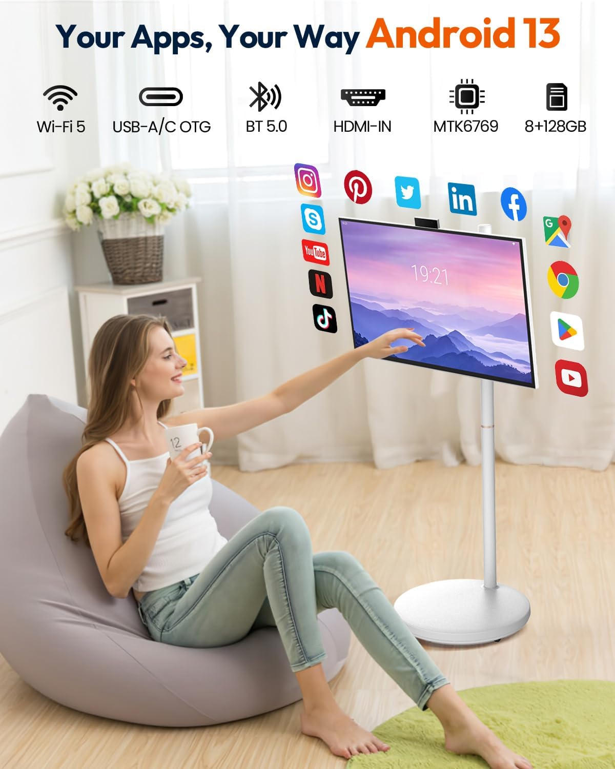 MESWAO 32 Inch Portable Smart TV on Wheels, Widevine L1 for Netflix HD, 12800mAh Battery, Android Rolling TV with 8GB RAM 128GB ROM, 1080P FHD Touch Screen Mobile Screen with Pop-up Privacy Camera