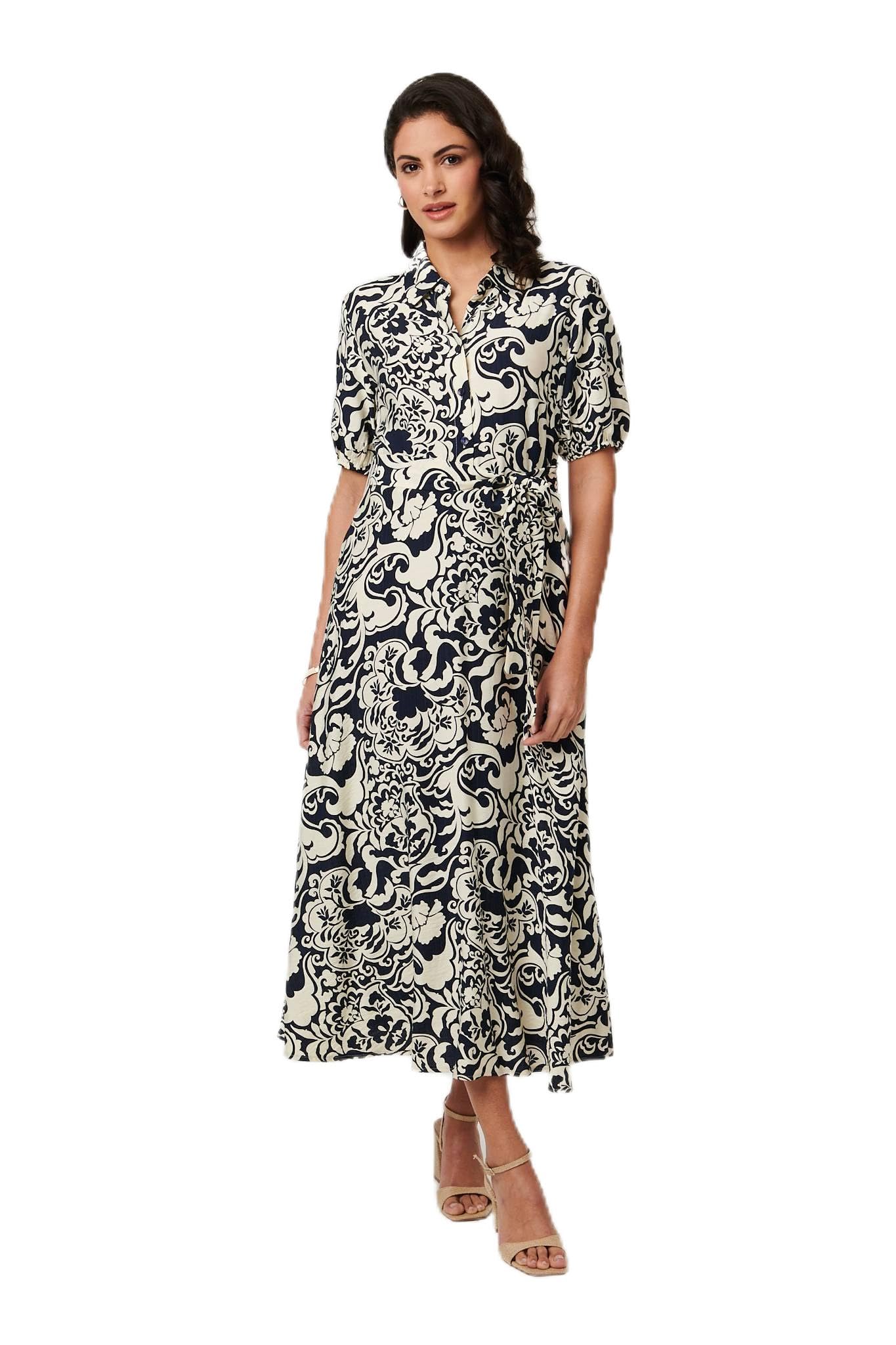 Izabel London Women's Navy Printed 1/2 Puff Sleeve Midi Shirt Dress In Size 14