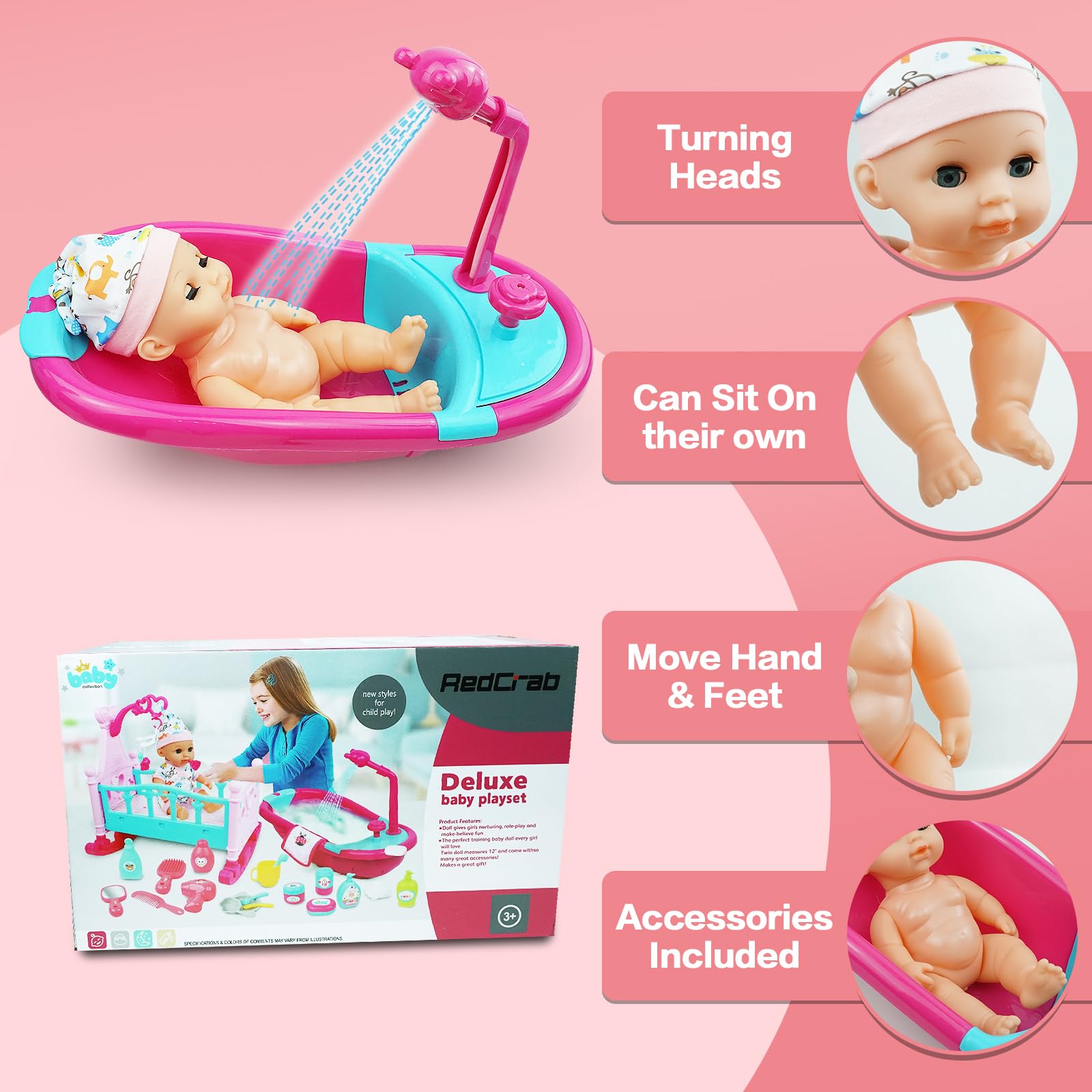 RedCrab Set Gioco di Accessori per Bambole, 2in1 Letto per Bambole e Bagno Con Doccia Funzionale, 24Pcs Bambola Bebè Set con Letto in Miniatura,Bagno,Accessori per La Toelettatura e L'alimentazione