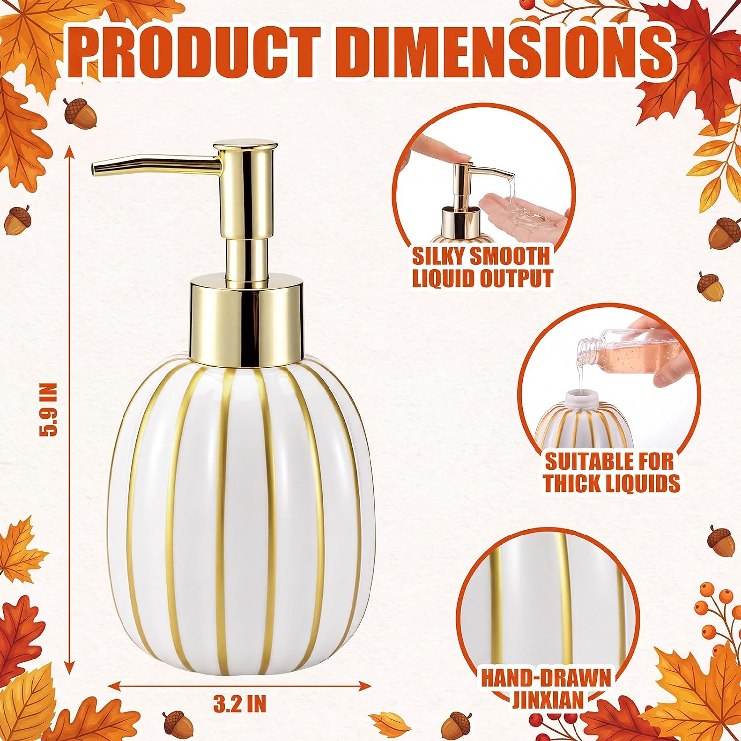 SiliFine Pumpkin Soap Dispenser Ceramic White and Gold Fall Pump Bottle