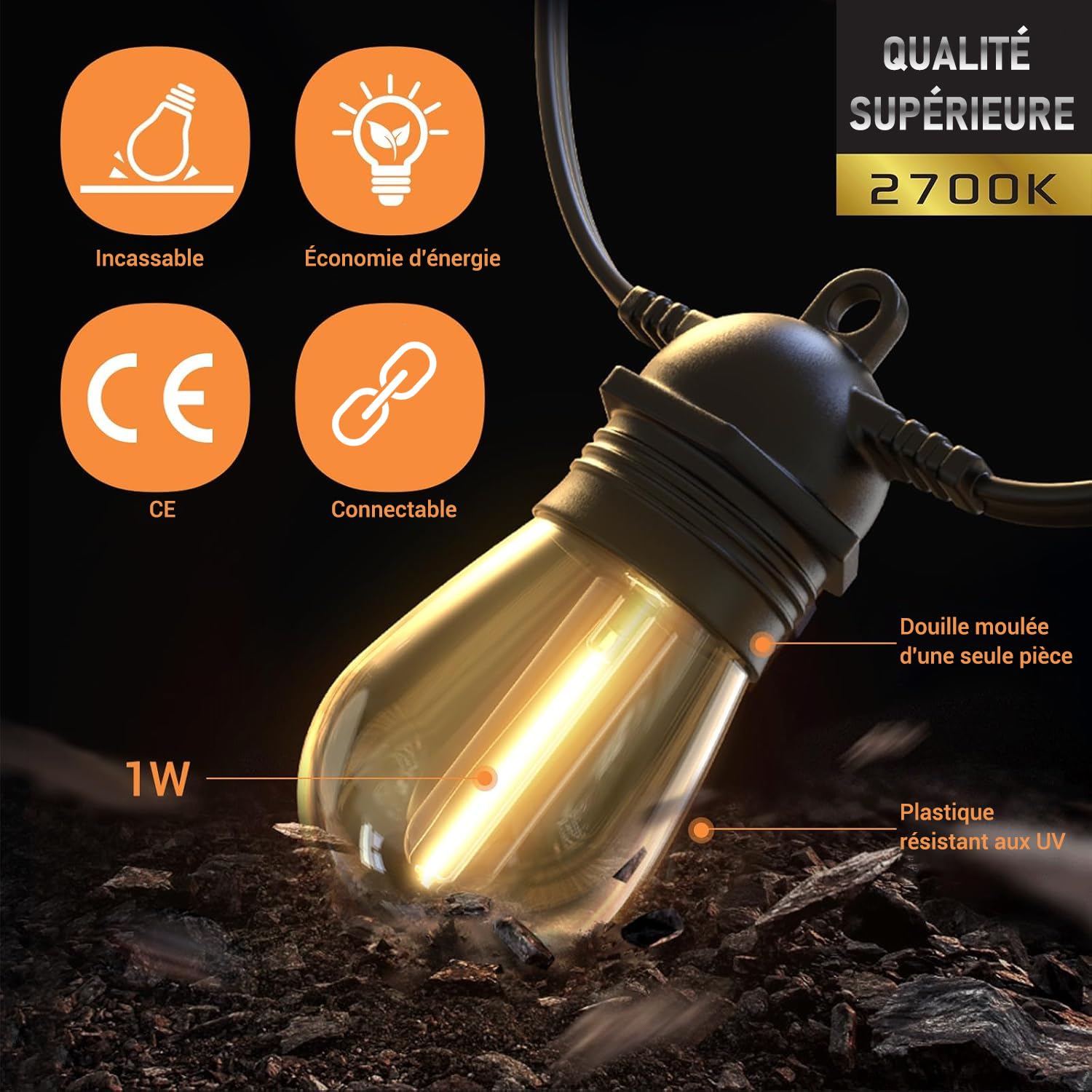 Quntis IP65 Guirlande Guinguette Extérieure Etanche Connectable 16M 15 Ampoules S14 LED Blanc Chaud