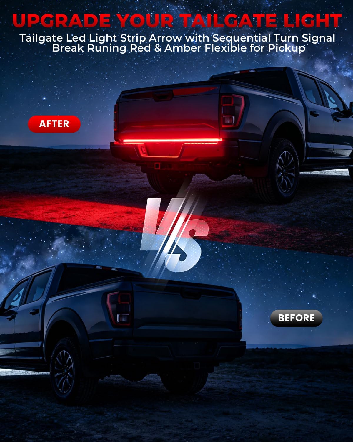 Keiurot Truck Tailgate Light Bar, 60Inch Tailgate Led Light Strip Waterproof Arrow with Sequential Turn Signal Break Runing Red & Amber Flexible for Pickup Truck,540Led Chips DC12-24V (150CM/1Set)