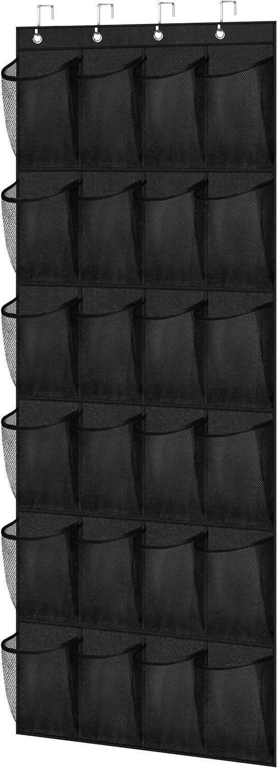 Over the Door Shoe Rack for Door with 24 Large Mesh Pockets Size 13 Fitted Hanging Shoe Organizer Sturdy Closet Door Shoe Storage Holder (1pcs Black)